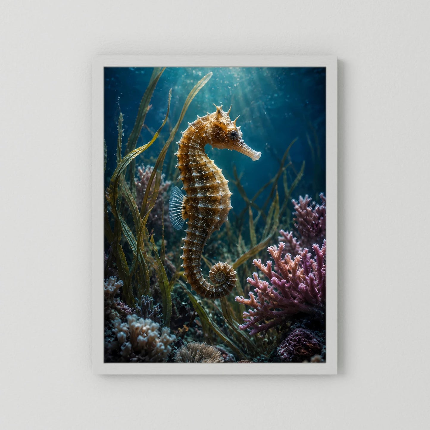 Poster im Hochformat mit Seepferdchen im Korallenriff, weißer Rahmen