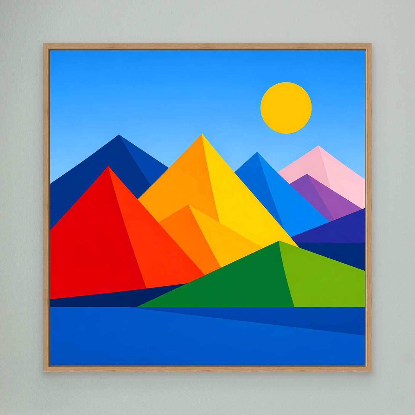 Leinwandbild mit geometrischer Berglandschaft, bunte Berge und gelbe Sonne im Holzrahmen