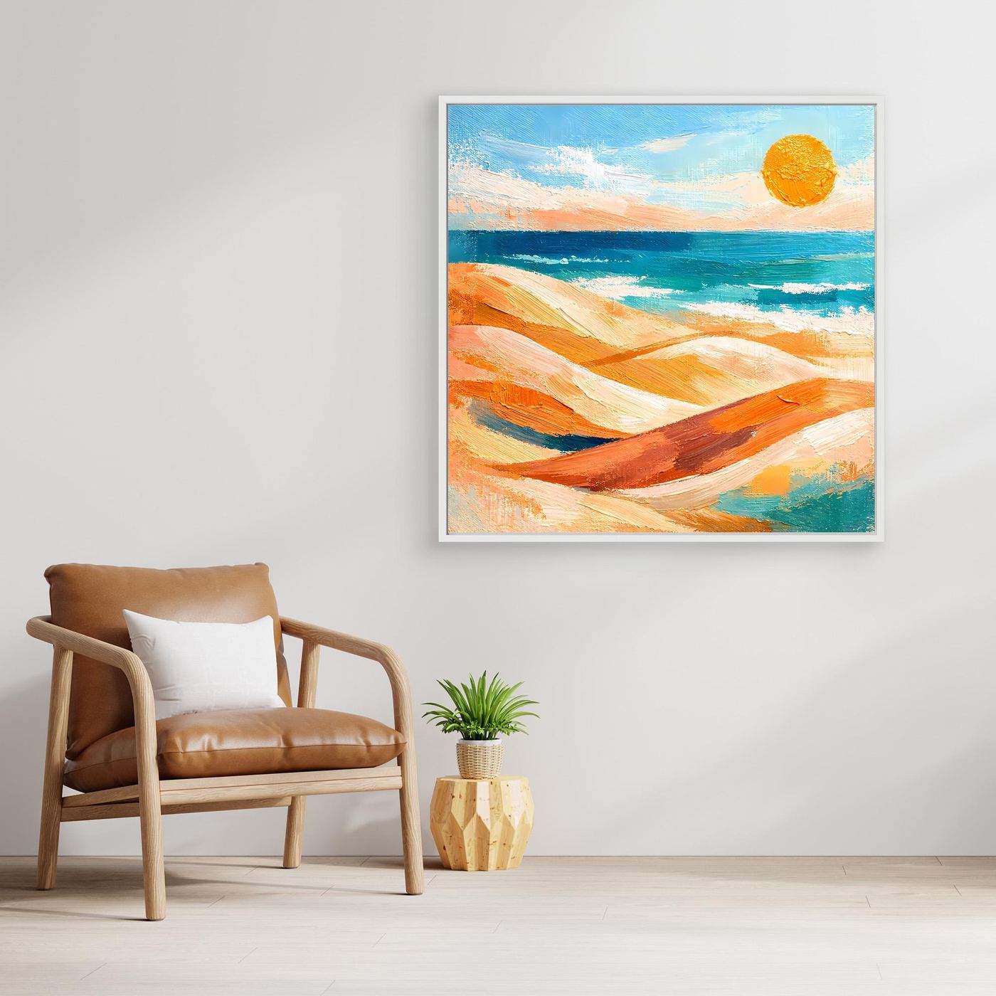 Wandbild mit abstraktem Dünen- und Meer-Motiv, orangefarbene Sonne, weiß gerahmt