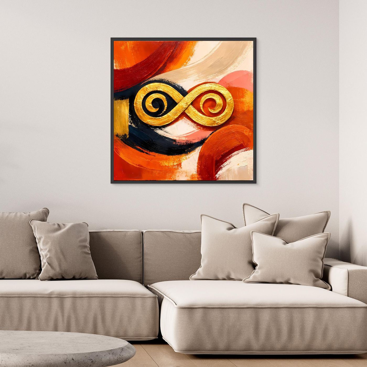 Abstraktes Leinwandbild mit goldener Unendlichkeit im schwarzen Rahmen, warme Orange-Rot-Flächen