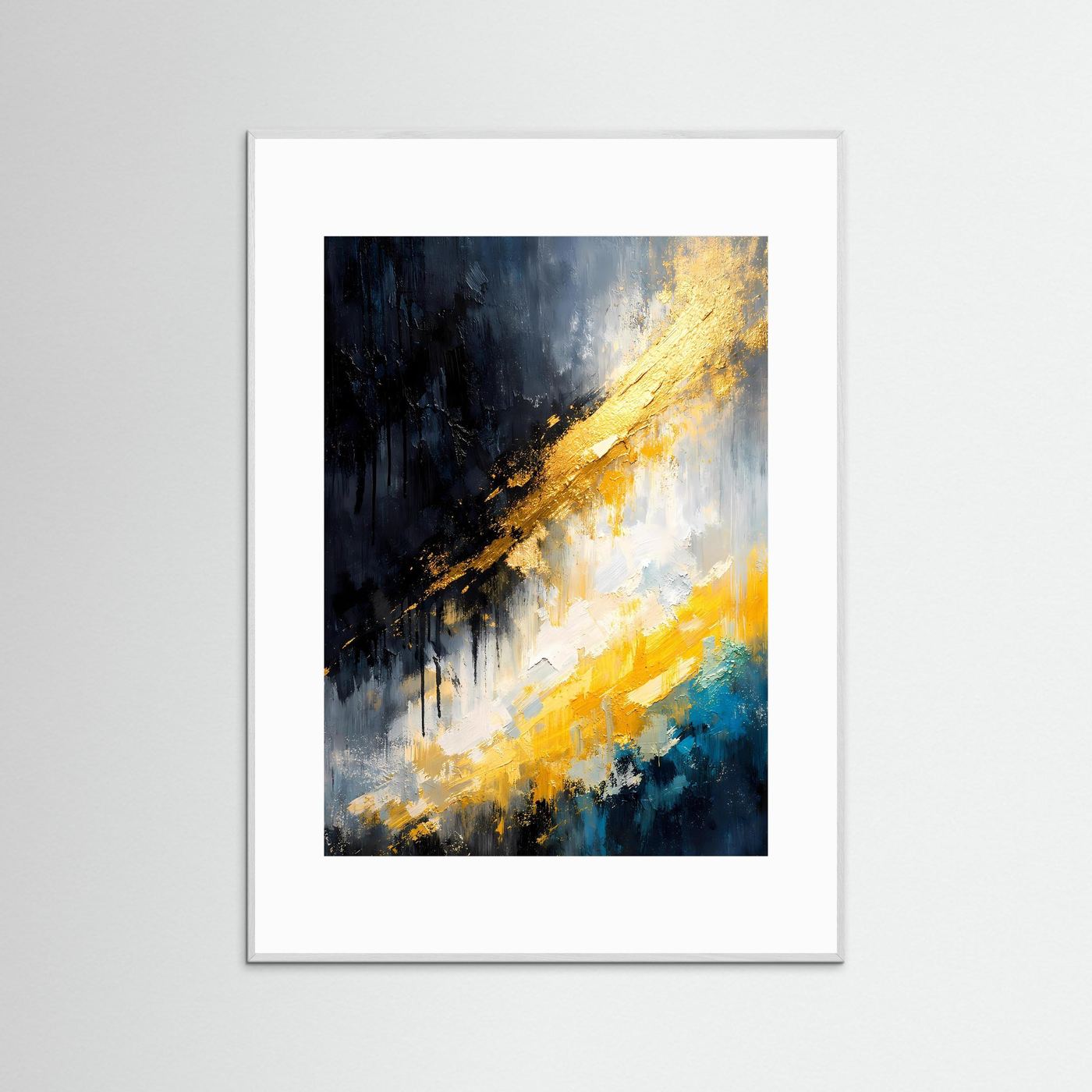 Abstraktes Poster im Hochformat mit goldenen Streifen, dunkelblauem Bereich und weißem Rahmen