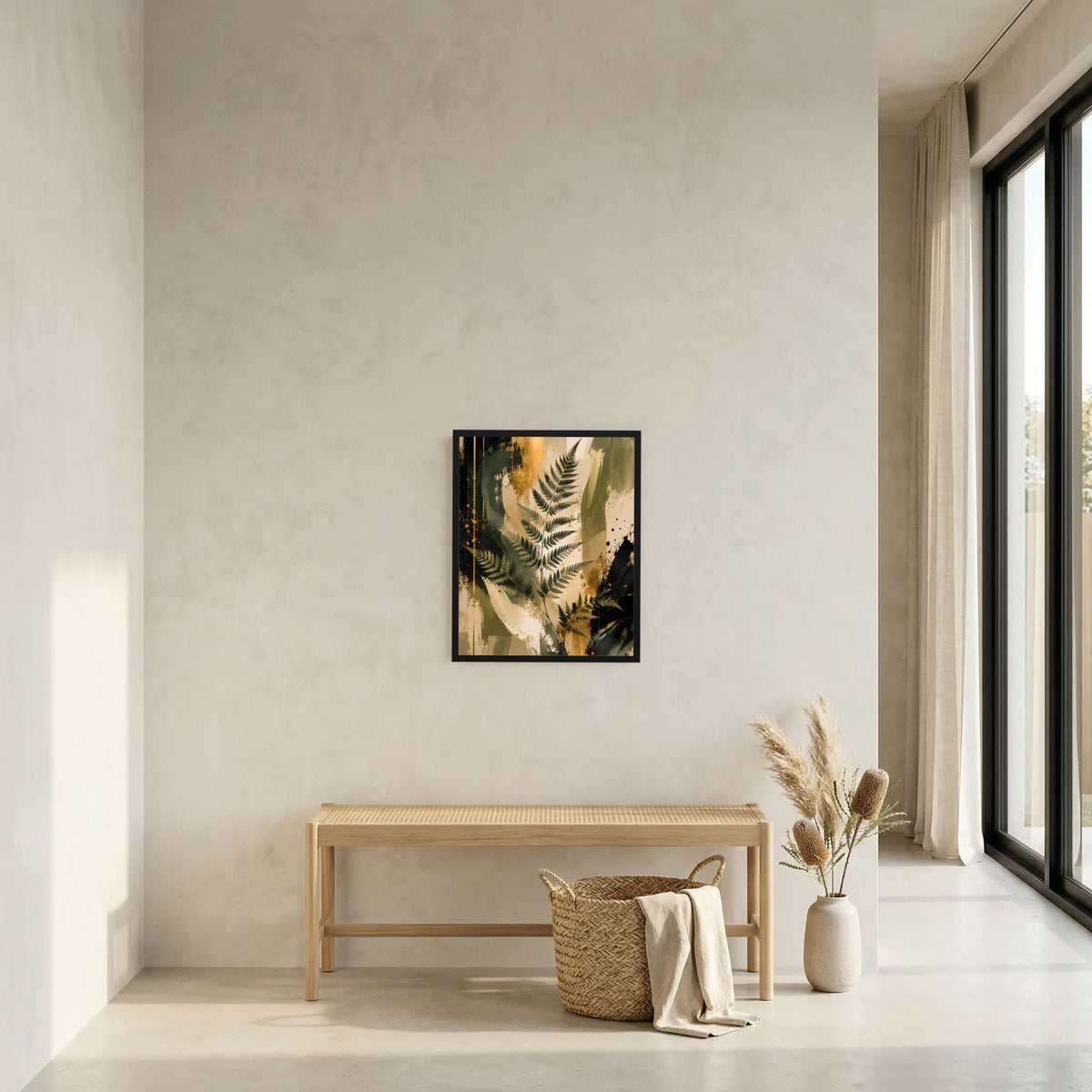 Gerahmtes Kunstposter mit Farnblättern in Grün und Gold, abstrakte Naturgrafik