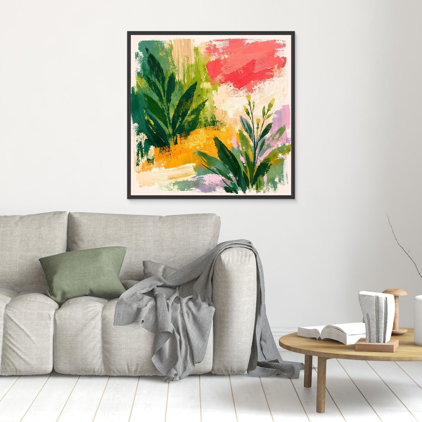 Black-framed abstract botanical canvas wall art with green leaves, red brush strokes, and purple details.
