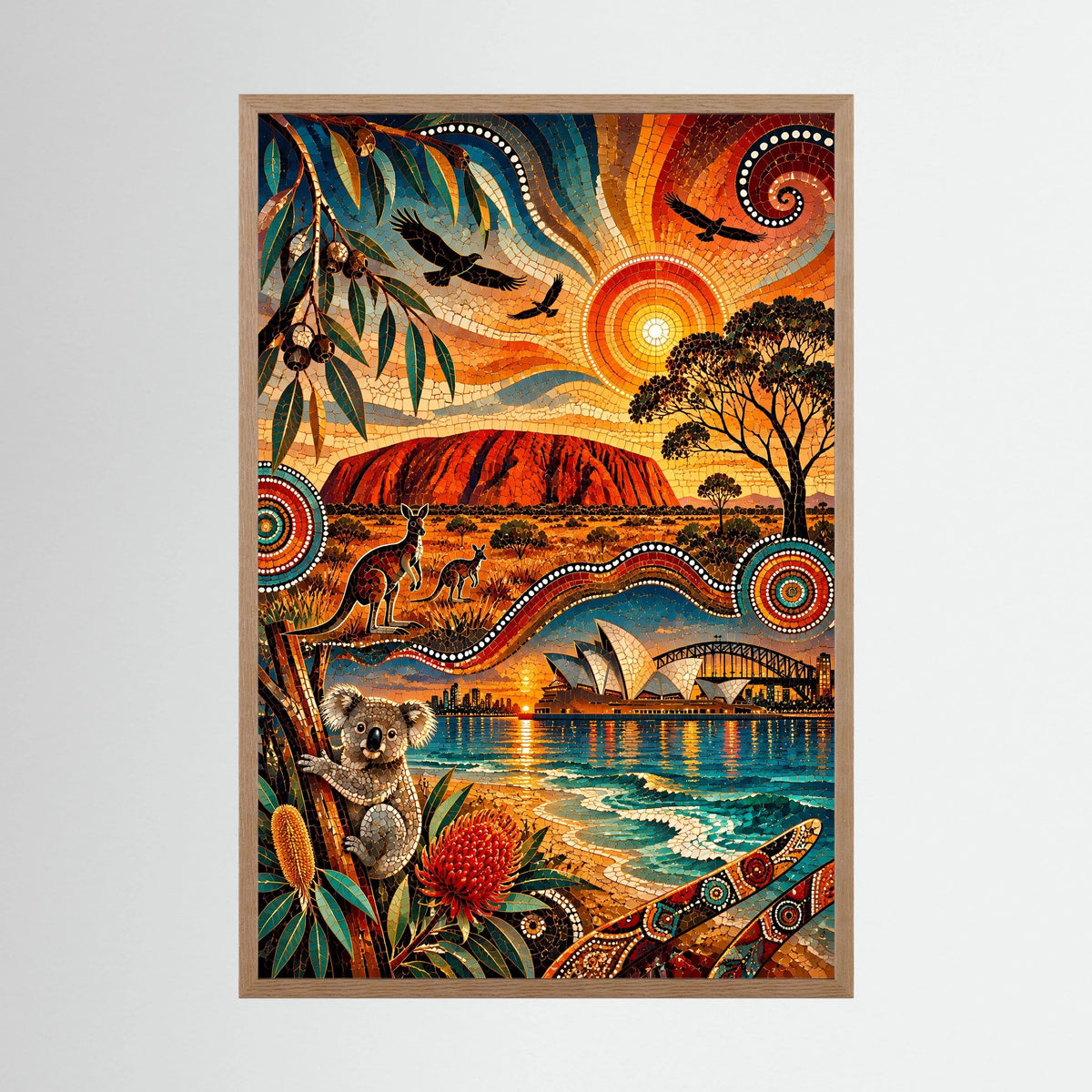 Australien Mosaik | Uluru, Kängurus, Koala & Sydney im Aboriginal-inspirierten Stil | Poster Hochformat