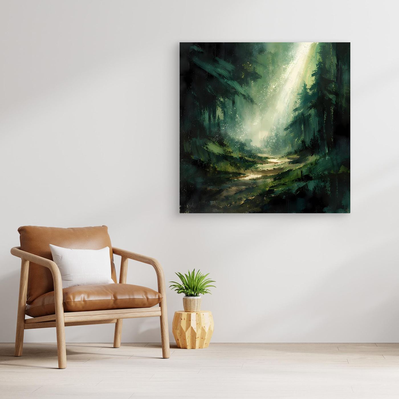Leinwand Magischer Lichtstrahl im Wald | Abstraktes Tannenwald Wandbild Grün