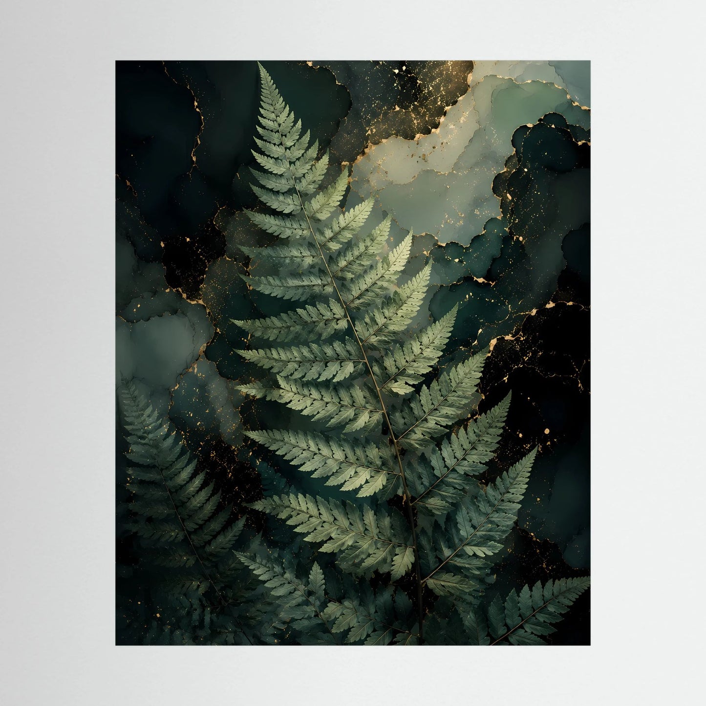 Hochformatiges Kunstposter mit Farnblatt-Motiv in Dunkelgrün und goldenen Akzenten