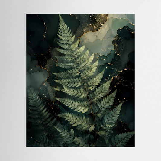 Hochformatiges Kunstposter mit Farnblatt-Motiv in Dunkelgrün und goldenen Akzenten