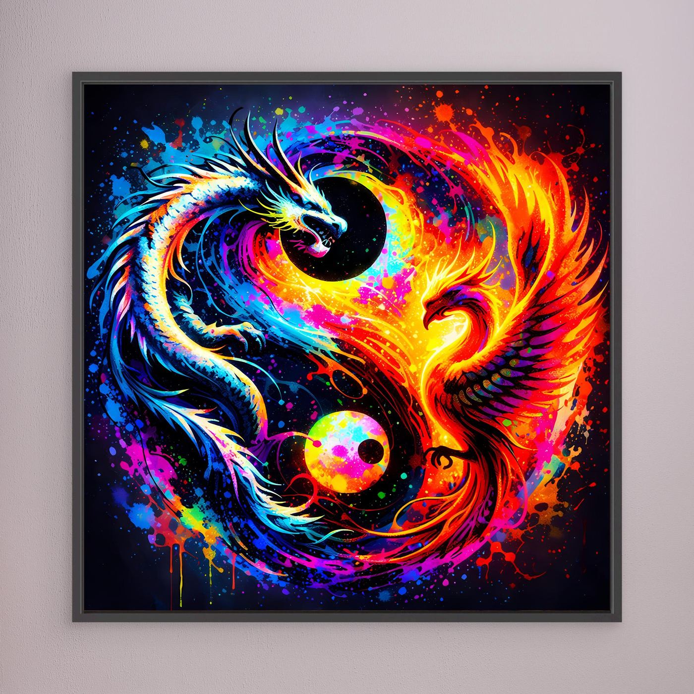 Quadratisches Leinwandbild mit Drachen- und Phönix-Yin-Yang-Motiv, schwarzer Rahmen