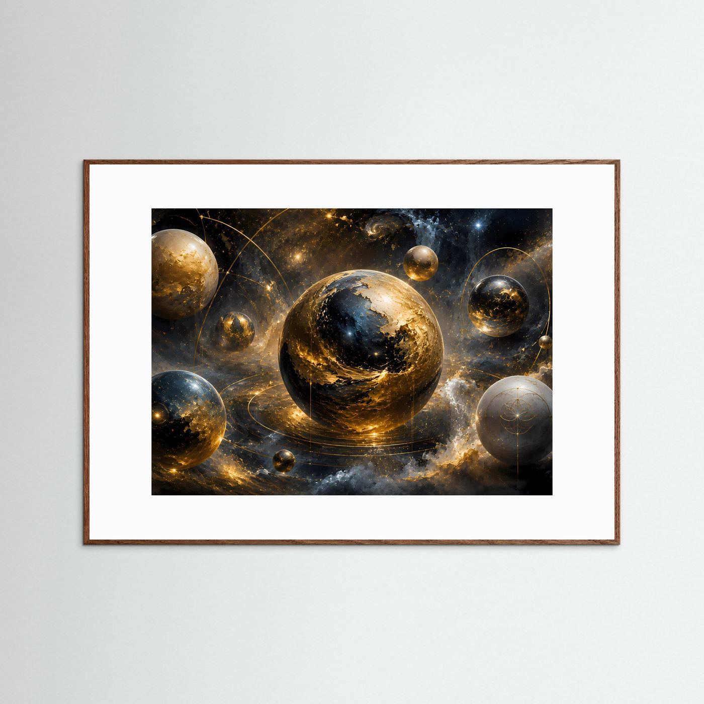 Abstraktes Weltraum-Poster mit Planeten, Gold-Schwarz, rechteckiger Holzrahmen