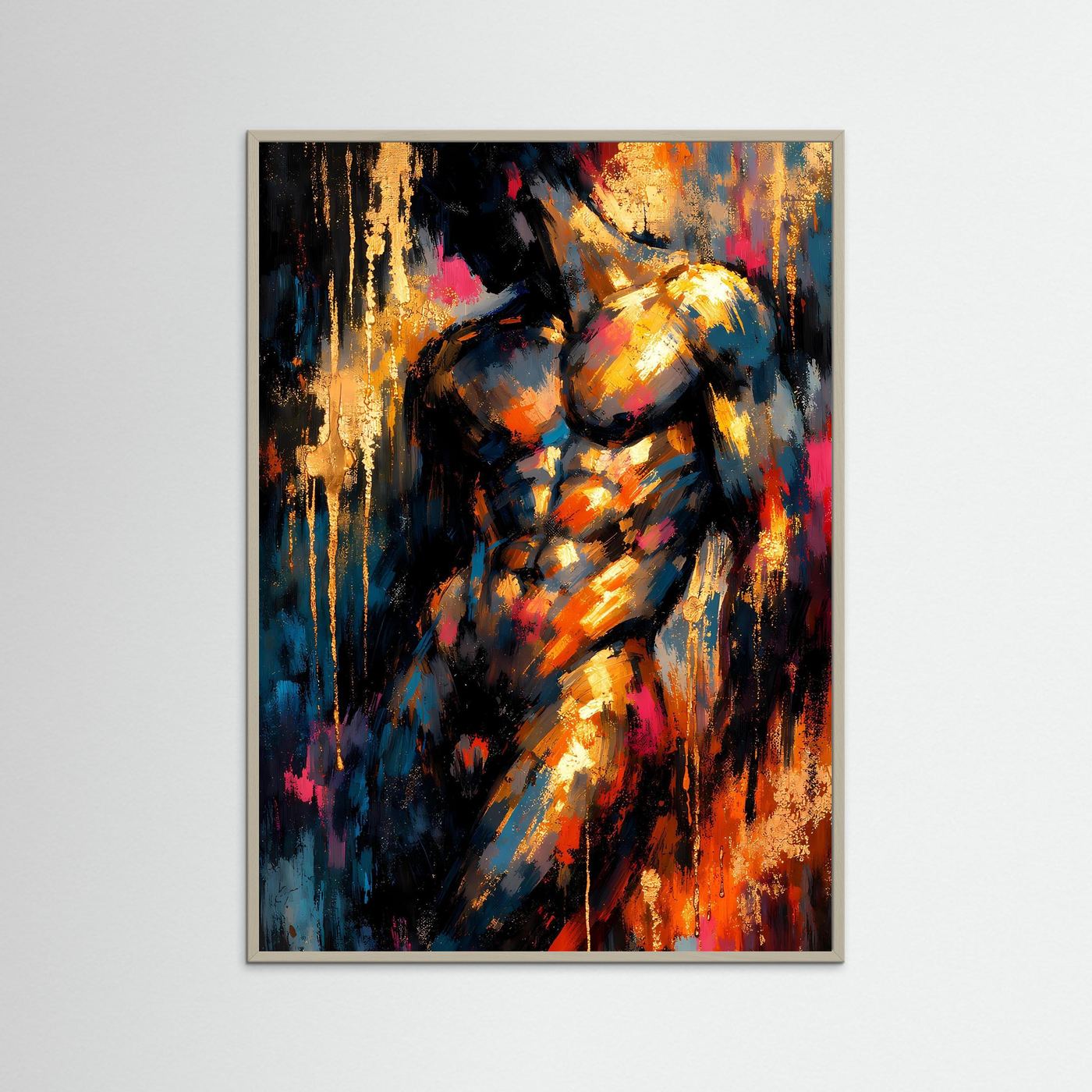Abstraktes Männer-Akt Poster im Hochformat mit grauem Rahmen, flüssiges Gold & Farben