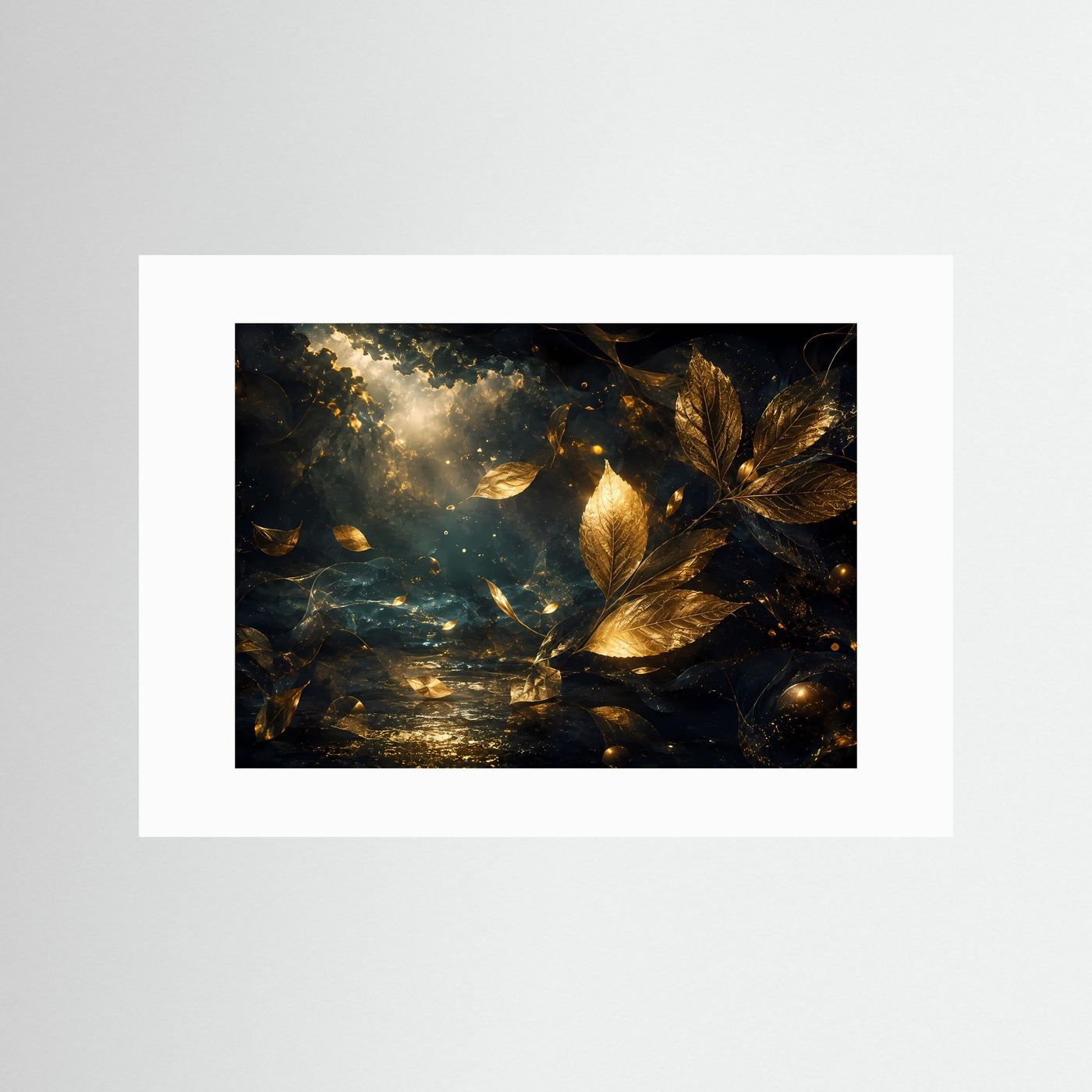 Abstrakte botanische Wandkunst ohne Rahmen: goldene Blätter und Licht im dunklen Motiv