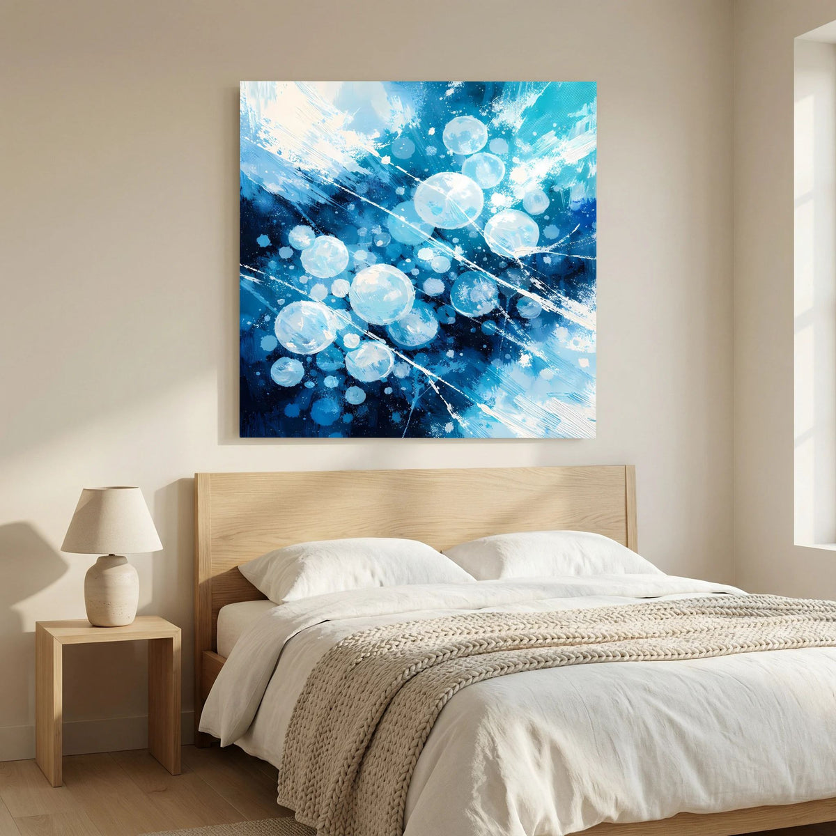 Abstraktes Wandbild mit blauen Eisblasen und leuchtenden hellen Punkten