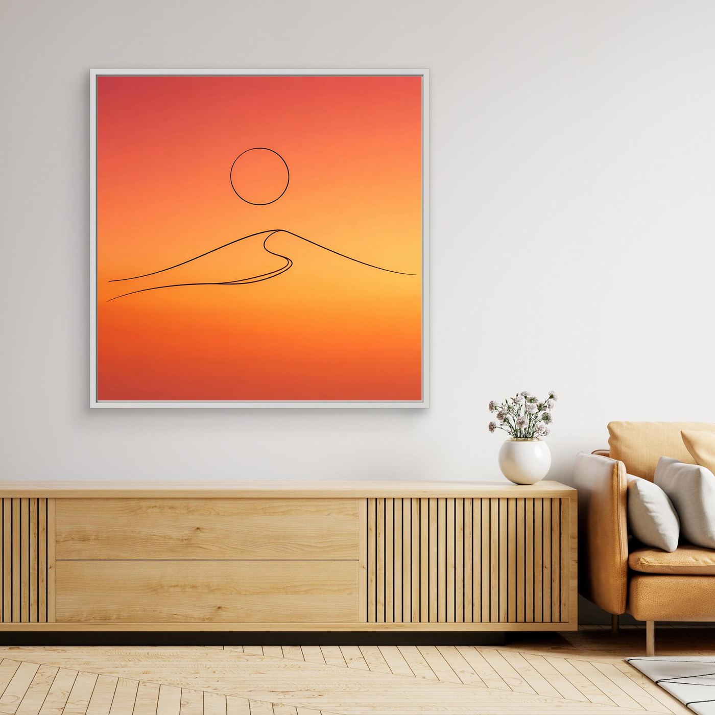 Leinwandbild, minimalistisches Wüstendünen-Lineart mit rotem Himmel, silberner Rahmen
