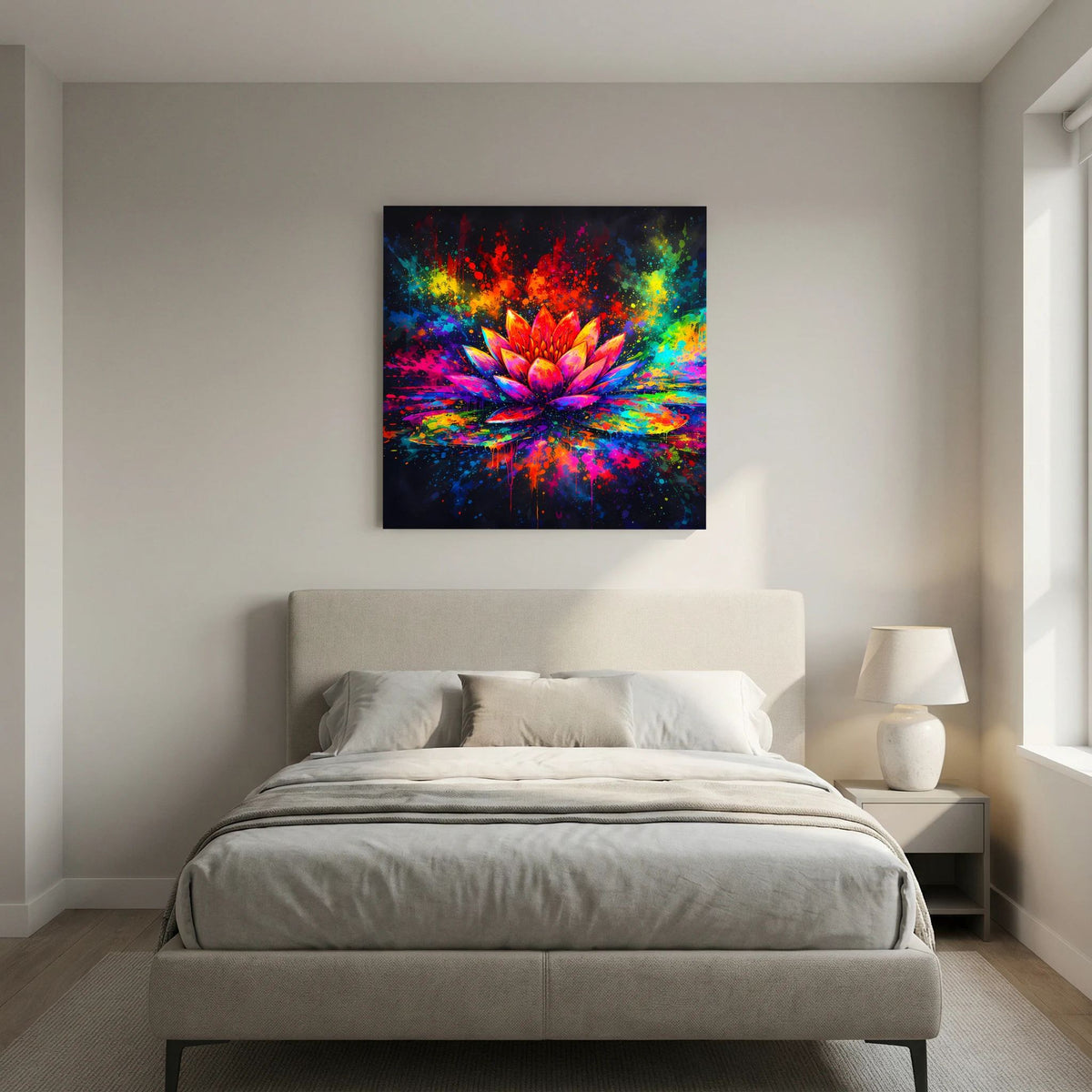 Abstraktes Lotus-Leinwandbild auf Keilrahmen mit intensiven Farbtönen, quadratisch.