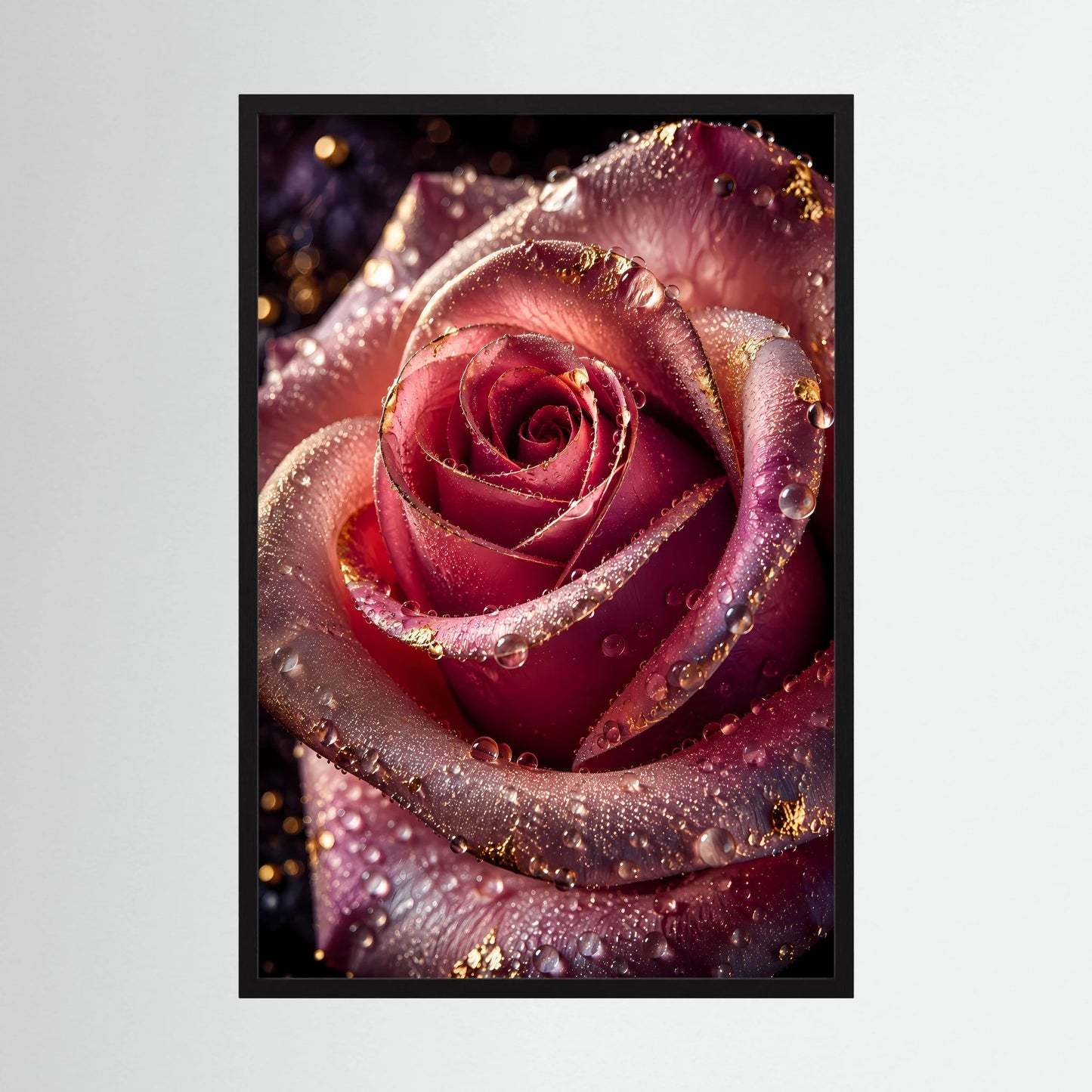 Hochformat-Poster mit roter Rose, Goldakzenten und Wassertropfen im schwarzen Rahmen