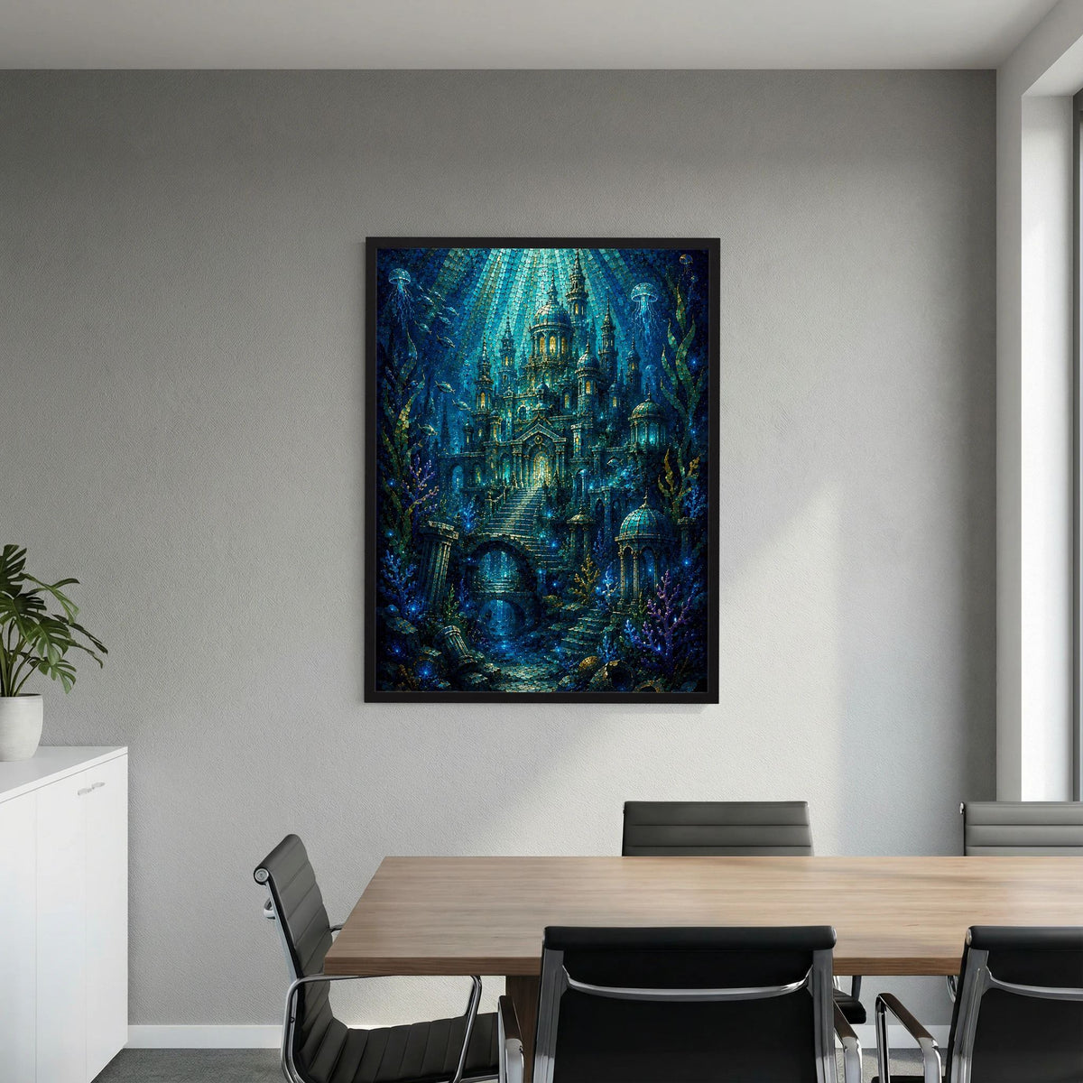 Ge­rahmtes Poster mit Unterwasserstadt-Motiv in Blau und Gold an der hellen Wand.
