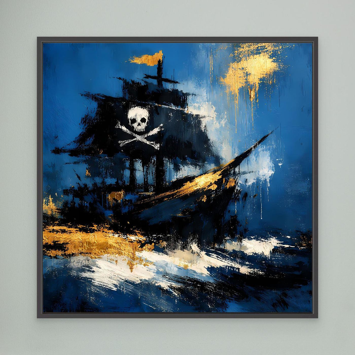 Leinwand-Wandbild mit Piratenschiff, blau-schwarzer Abstraktion, goldenen Akzenten, schwarz gerahmt