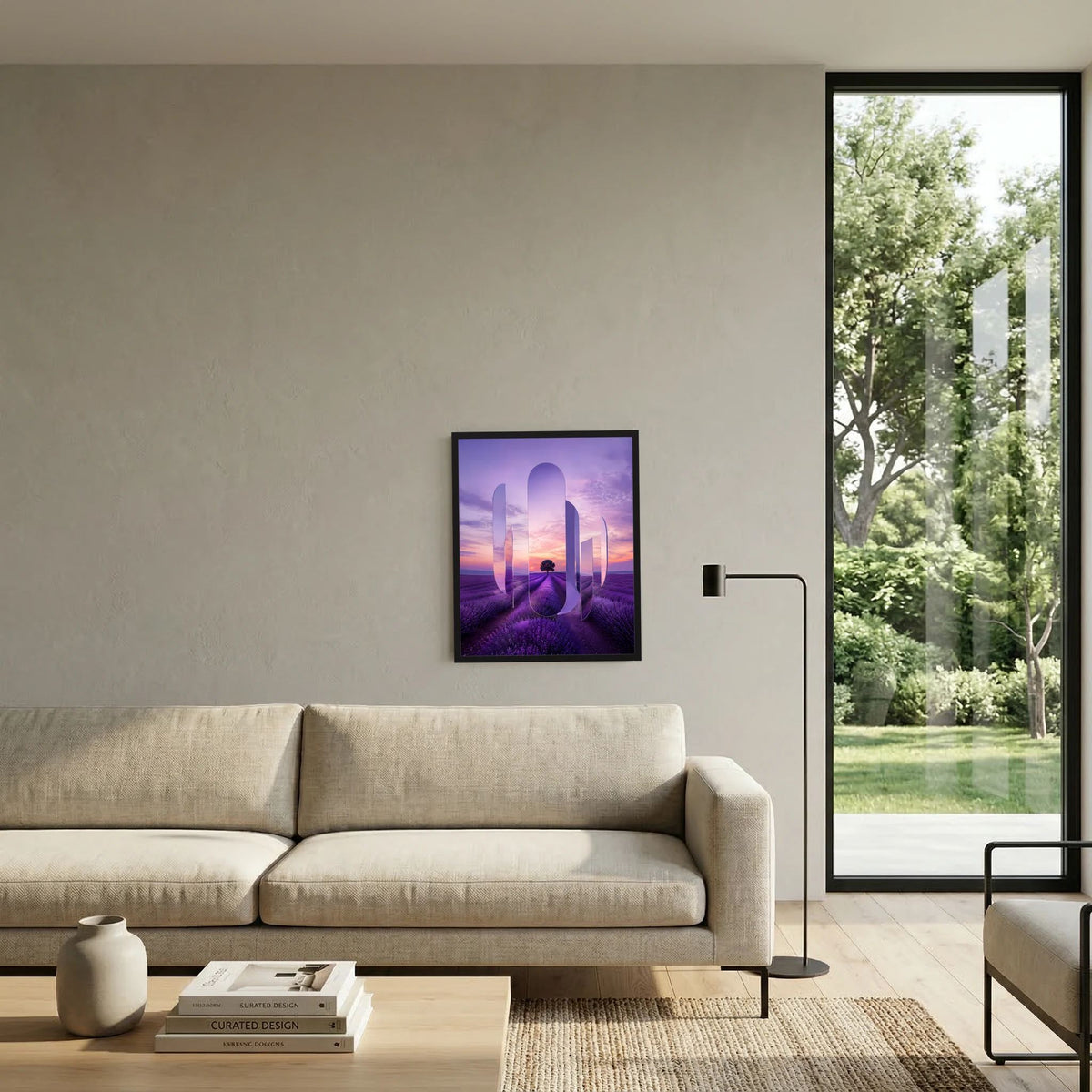 Kunstposter im Hochformat mit Lavendelfeld und surrealen, spiegelartigen Formen im Violettton