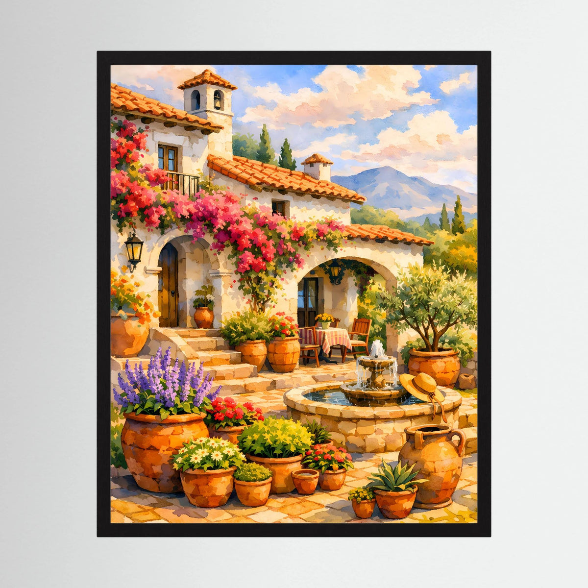 Hochformatiges Kunstposter mit mediterranem Innenhof, Blumen und Brunnen, schwarzer Rahmen