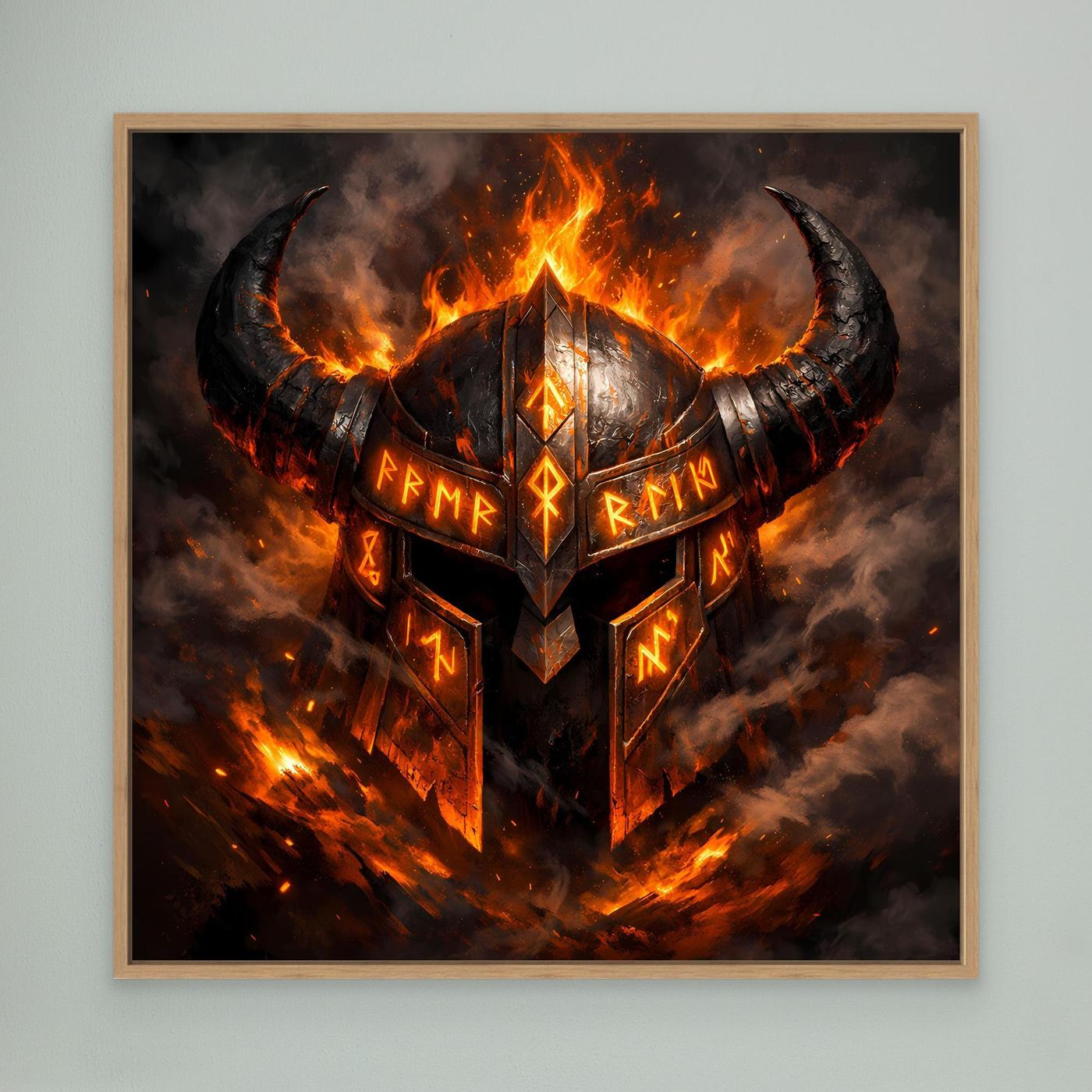 Leinwand-Wandbild mit flammendem Wikingerhelm und Runen, Eichenrahmen