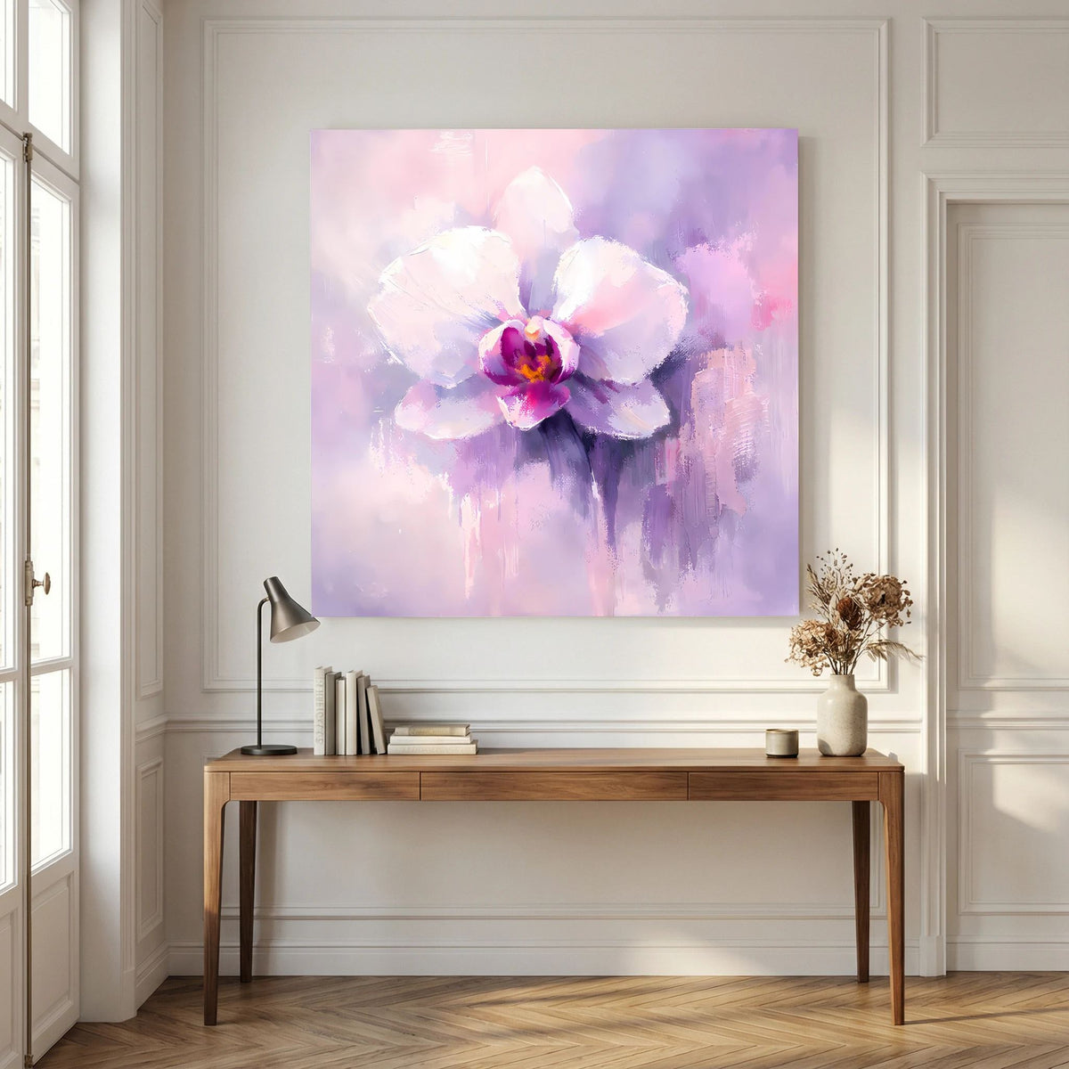 Quadratisches Leinwand-Wandbild mit zentraler Orchideenblüte in Pink- und Lilanuancen