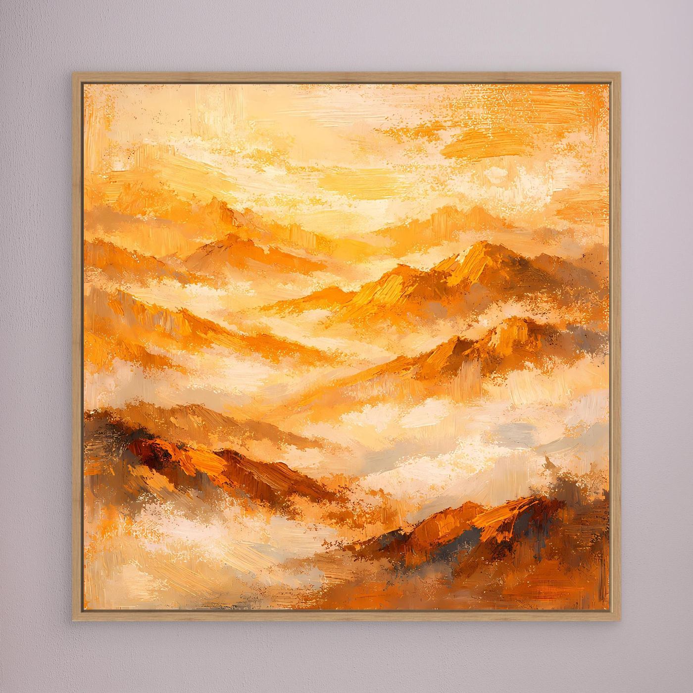 Wandbild auf Leinwand mit abstraktem Gebirgsdesign in Orange-Gold, Eichenrahmen