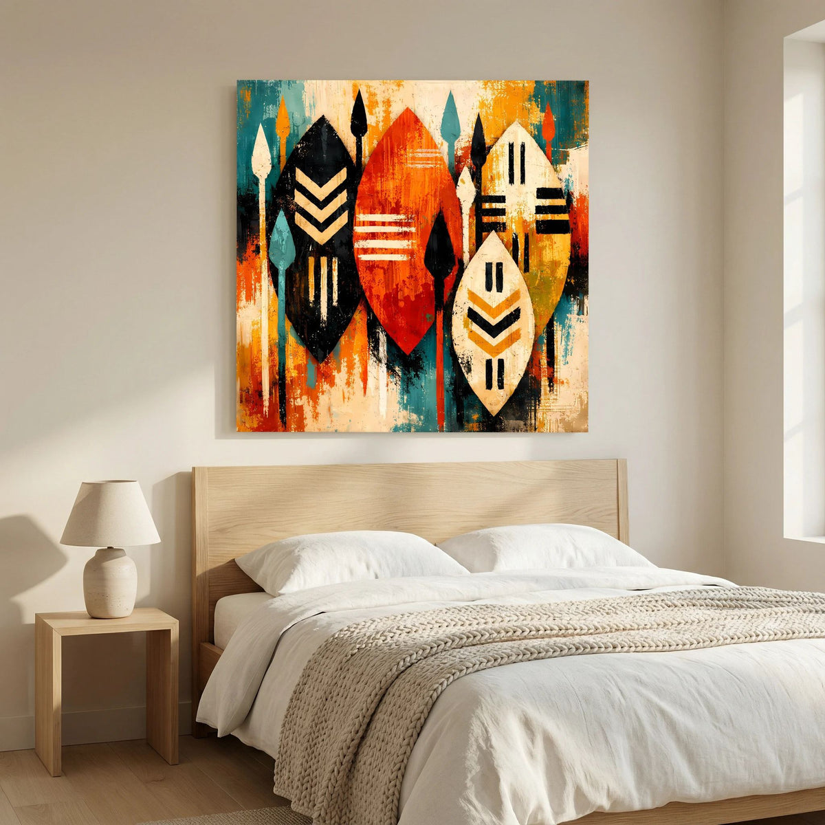 Abstraktes Wandbild mit drei Schildfiguren, orange Zentrum, türkisgrüne und schwarze Akzente