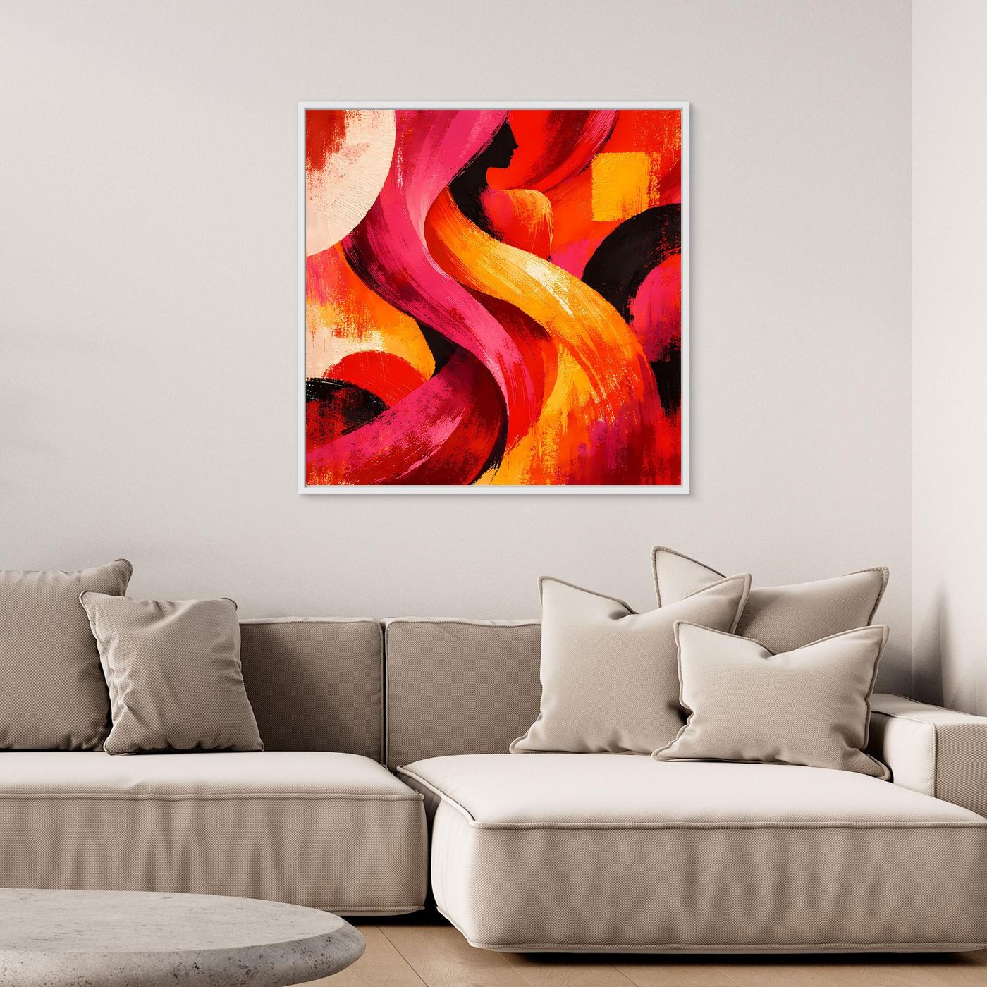 Leinwandbild mit abstrakten Pinselstrichen in Rot, Pink und Orange, mit hellem Rahmen
