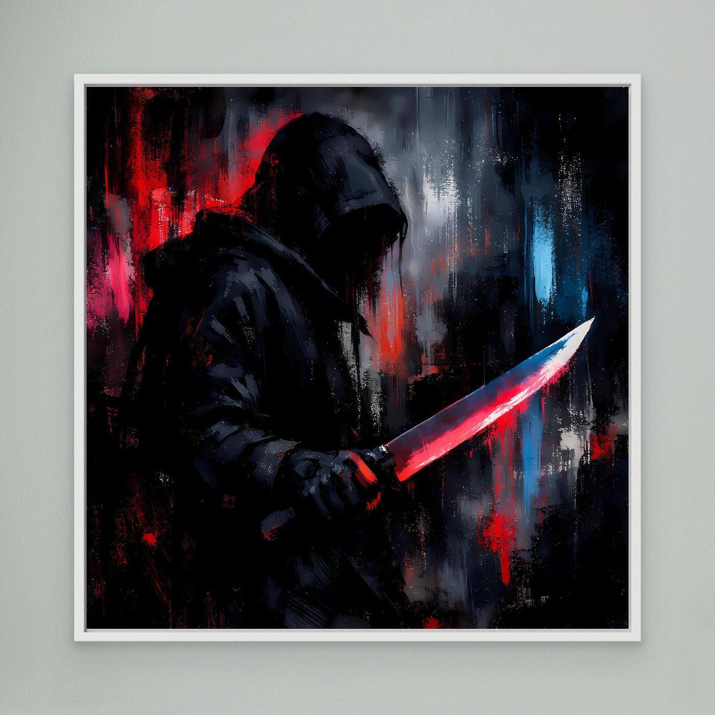 Wandbild: Cyberpunk-Schattenkrieger mit rotem Schwert, weißer Rahmen