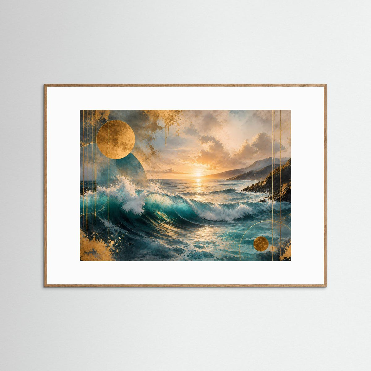 Gerahmtes Poster mit abstrakter Meereswelle bei Sonnenuntergang, Gold- und Blautöne, hellbrauner Holzrahmen
