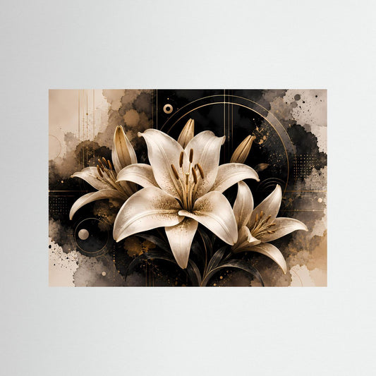 Poster im Querformat mit weißen Lilienblüten auf beigem und schwarzem Kunsthintergrund