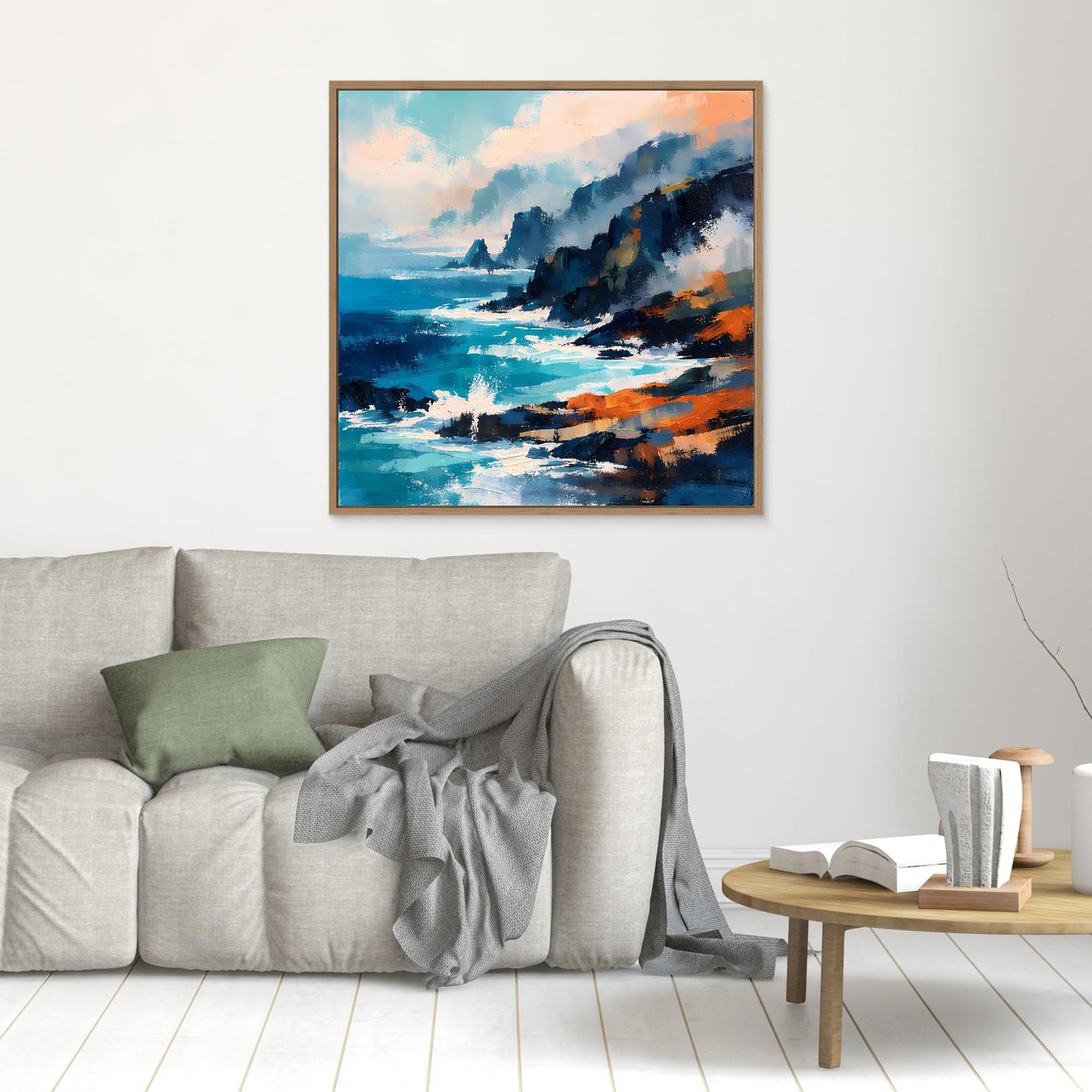 Abstraktes Leinwand-Wandbild mit Ozean und Klippen, türkis-blau/orange, Holzrahmen