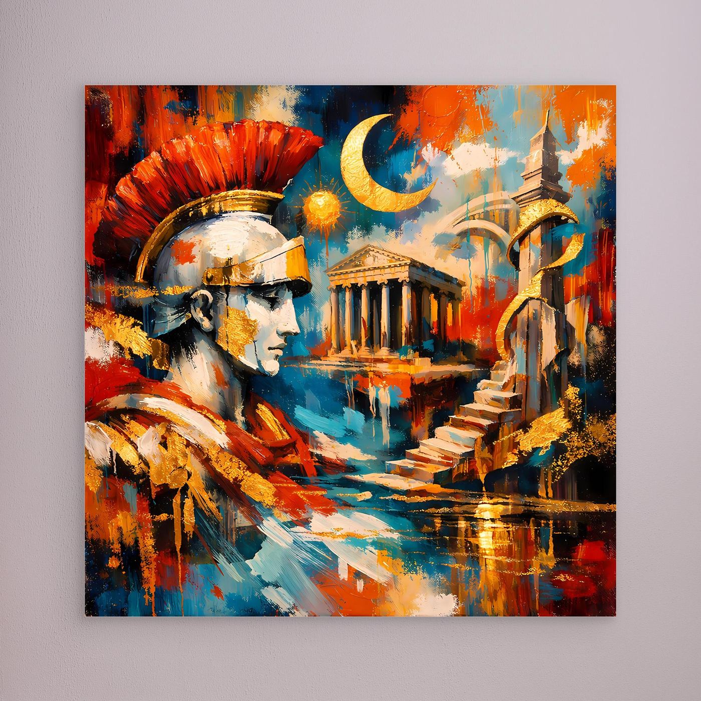 Gerahmtes Leinwandbild mit römischem Zenturio, warmes Rot-Blau-Gold-Farbspiel
