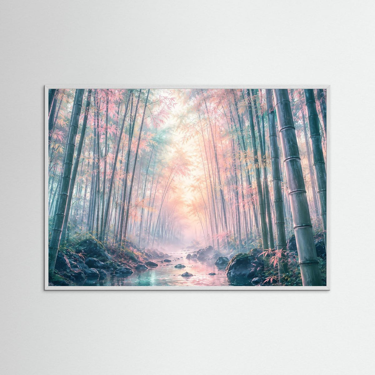 Wandposter im weißem Holzrahmen, nebliger Bambuswald mit Pfad und Lichtglanz