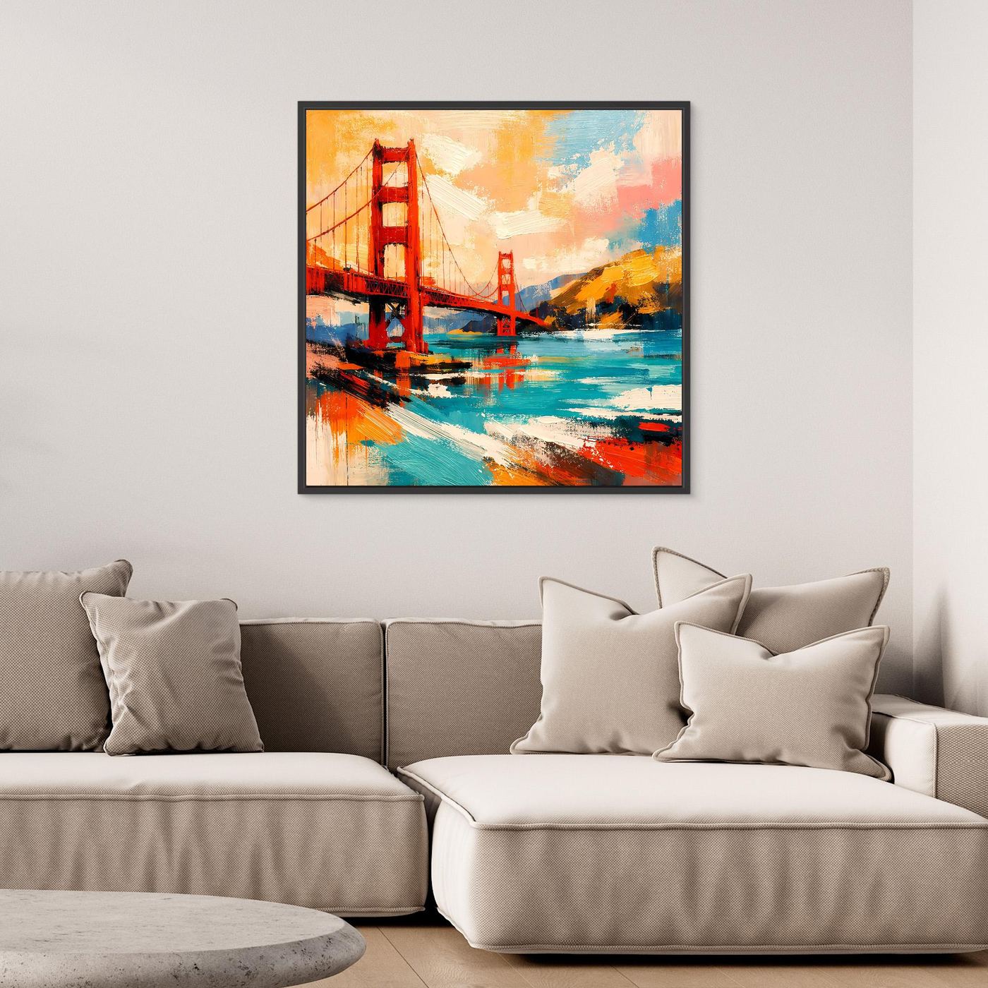 Framed canvas wall art with dark frame, abstract Golden Gate Bridge with turquoise and red details
