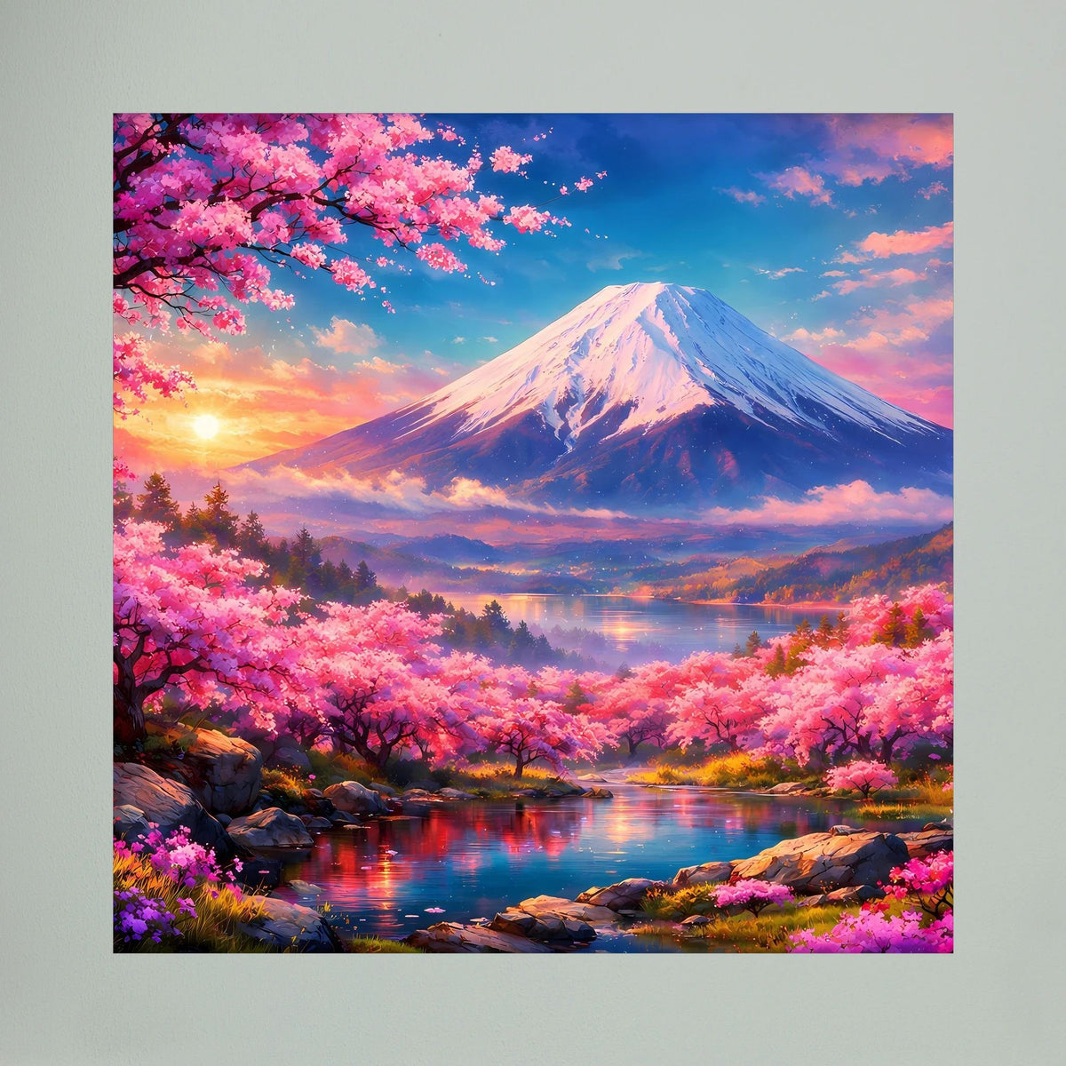 Quadratisches Leinwandbild auf Holzkeilrahmen mit Fuji, Kirschblüten und Wasser im Tal
