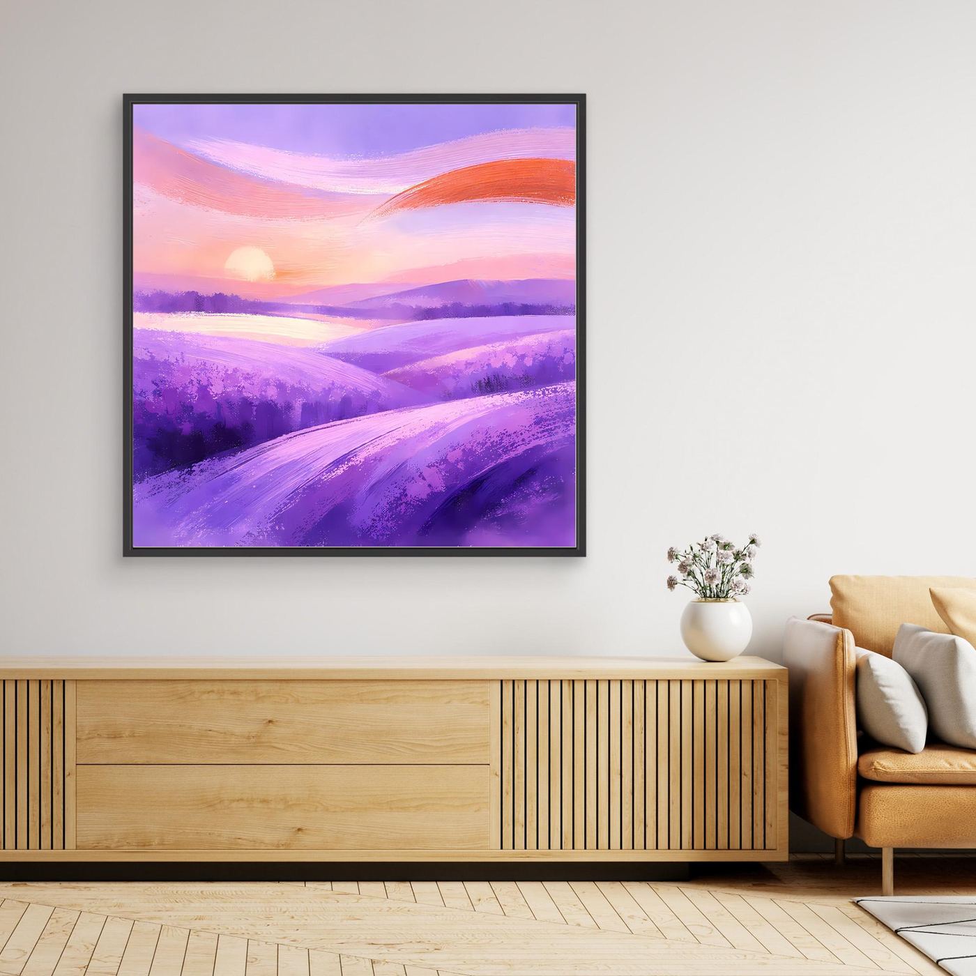 Gerahmtes Leinwandbild mit abstraktem Lavendelfeld in Violett und Orange, schwarzer Rahmen