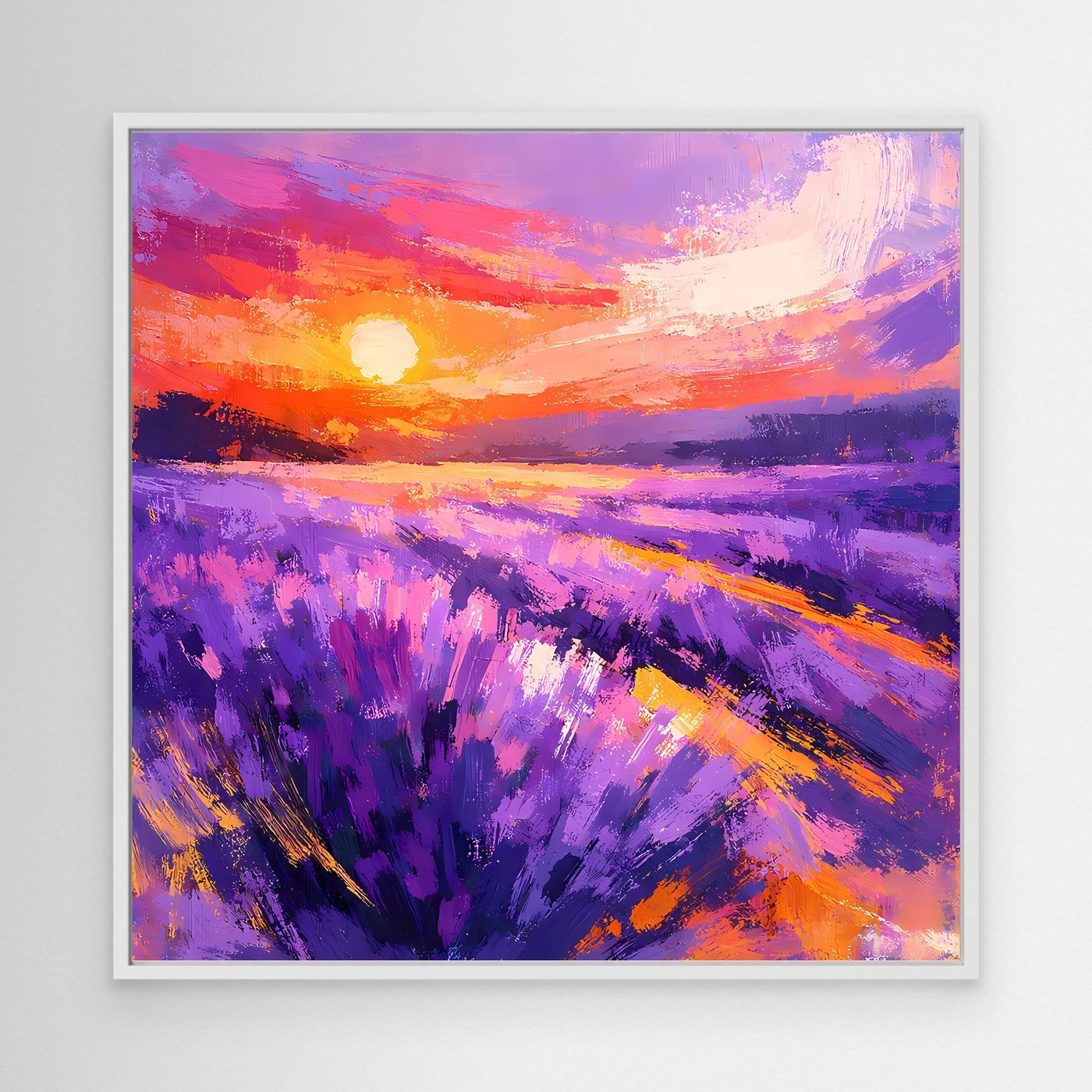 Abstract lavender field sunset canvas wall art with white frame and purple brushstrokes