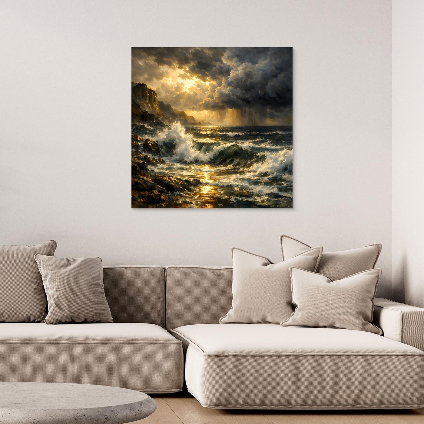 Leinwandbild mit stürmischem Meer: goldene Sonne über schäumenden Wellen, dunkle Wolken.