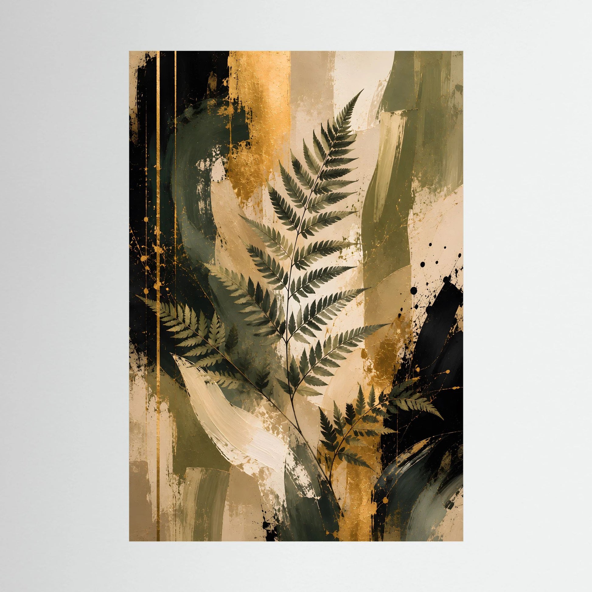 Abstraktes Kunstposter mit Farnblättern in Grün und Gold, Hochformat