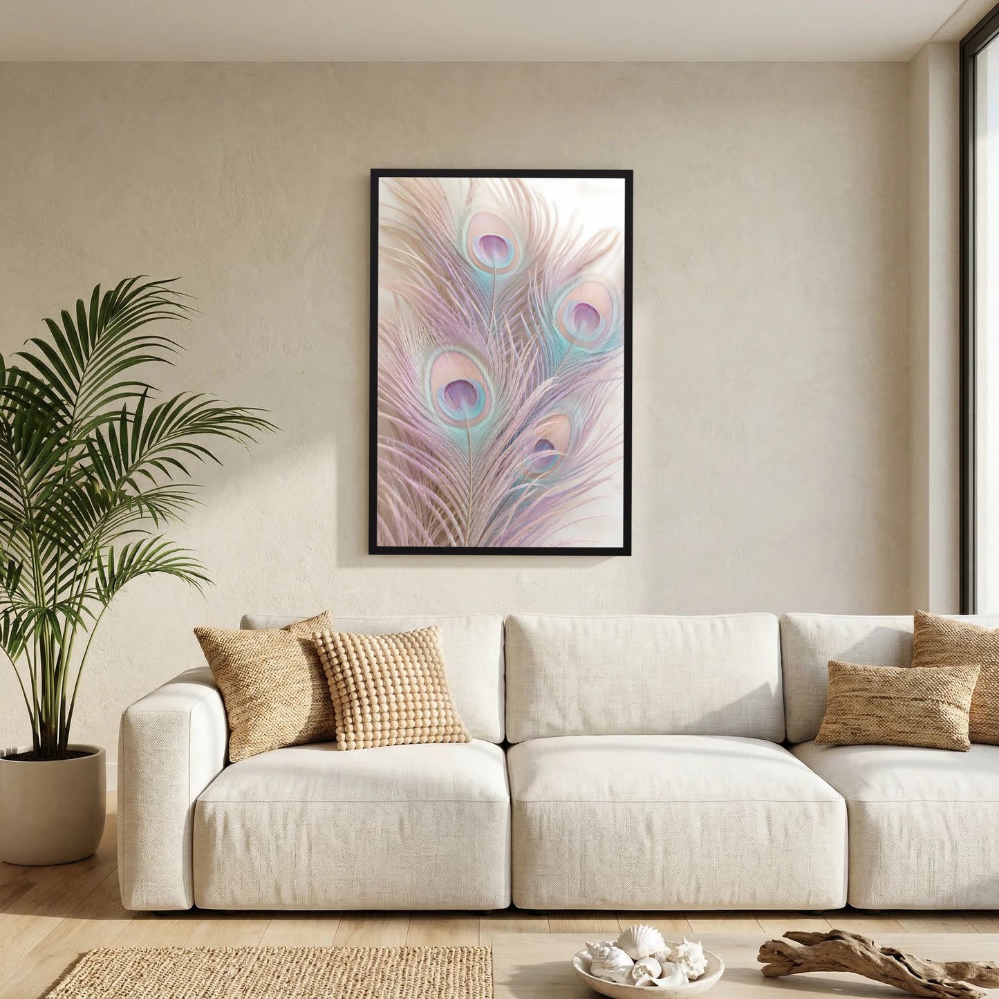 Hochformatiges Poster mit Pastell-Pfauenfedern in Rosa und Türkis, schwarzer Rahmen