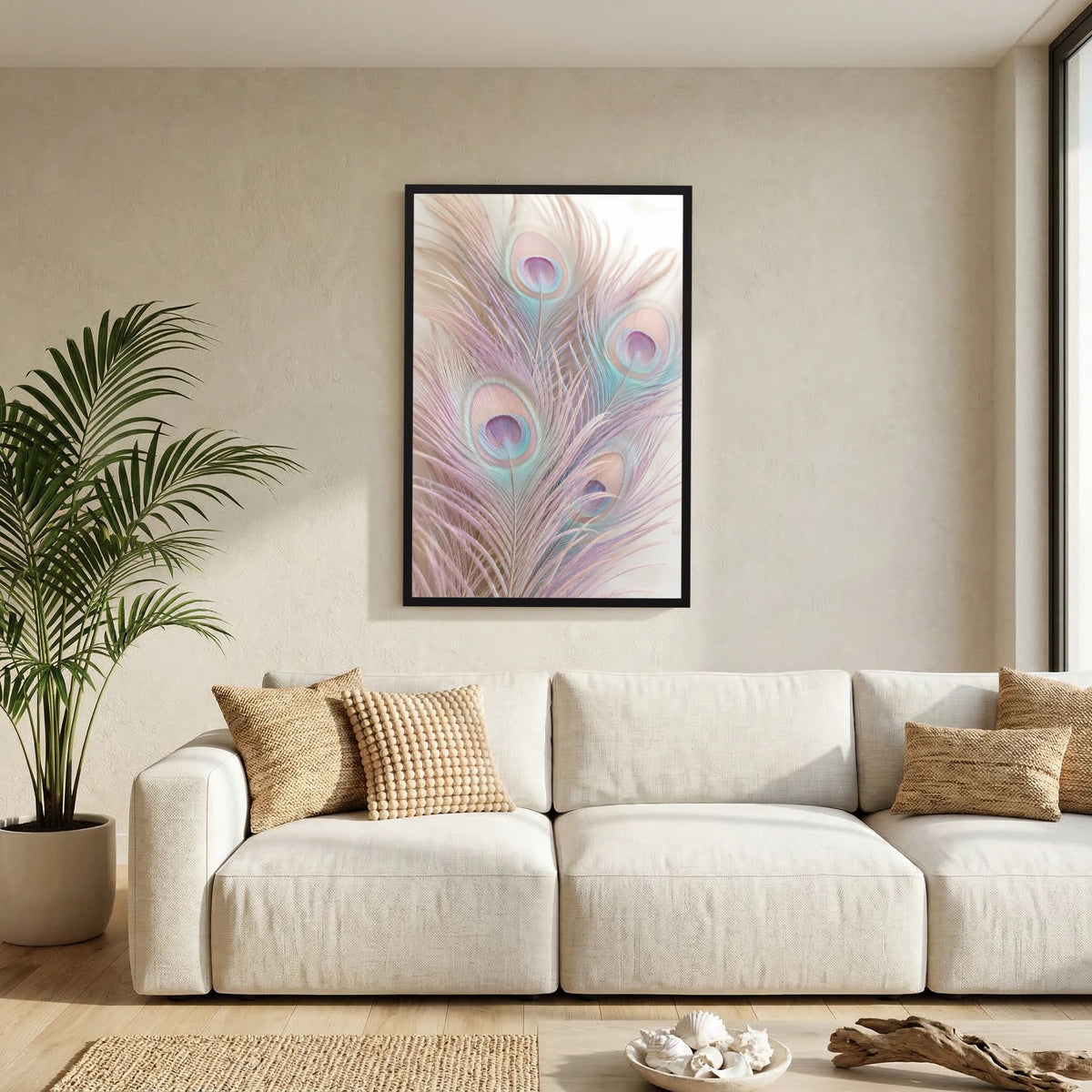 Hochformatiges Poster mit Pastell-Pfauenfedern in Rosa und Türkis, schwarzer Rahmen
