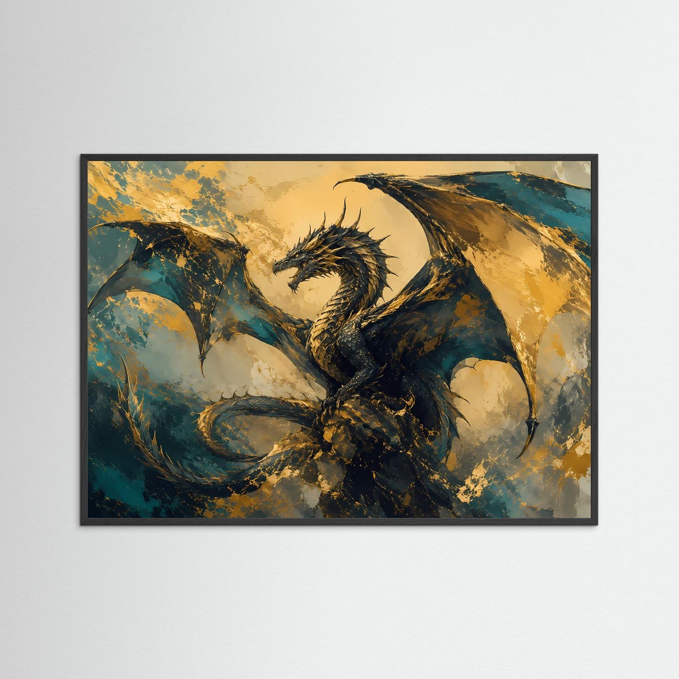 Fantasy-Poster mit Drachenmotiv in Gold- und Blautönen, schwarzer Rahmen, Querformat