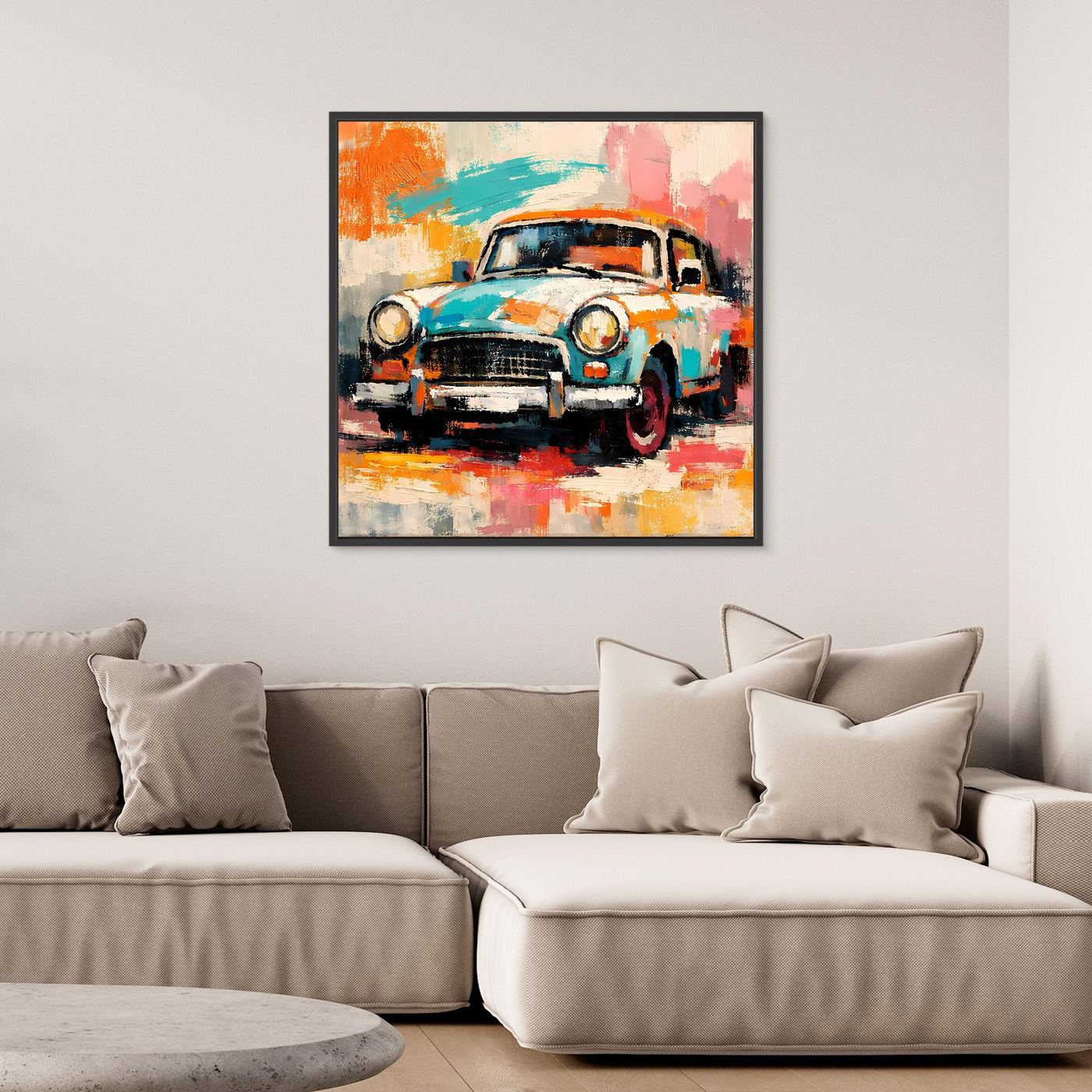 Abstract vintage car canvas wall art with black frame, colorful brushstrokes