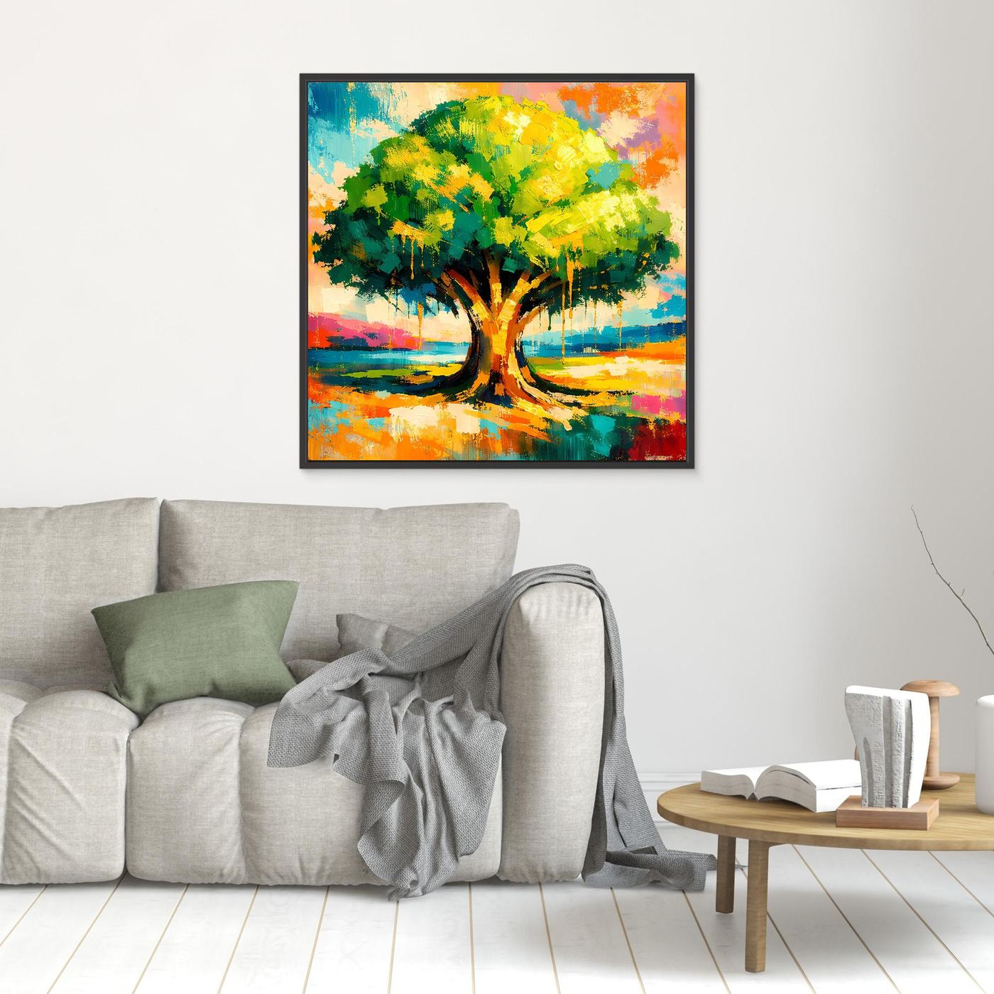 Leinwandbild mit abstraktem Baum im Farbverlauf, schwarz gerahmt