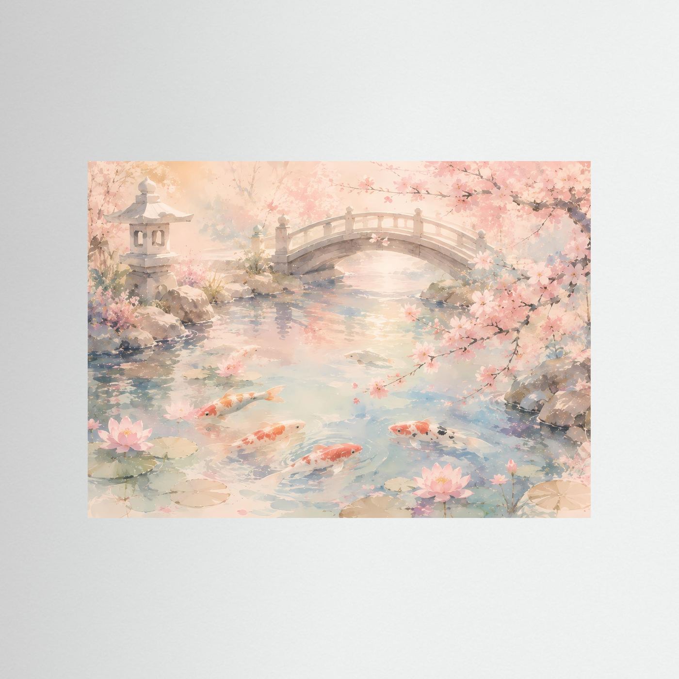 Japanischer Koi-Teich mit Kirschblüten | Zen Garten in Pastell Rosa