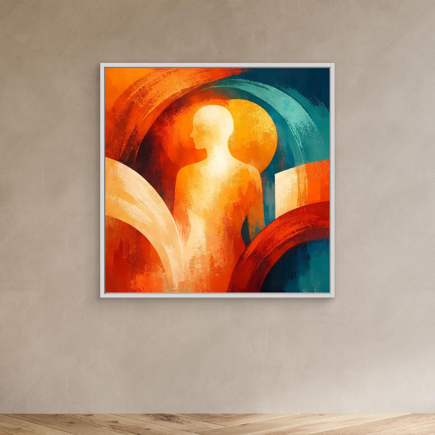 Abstraktes Wandbild mit Figur und Lichtkreis, orange-blauem Halbkreis im weißen Rahmen