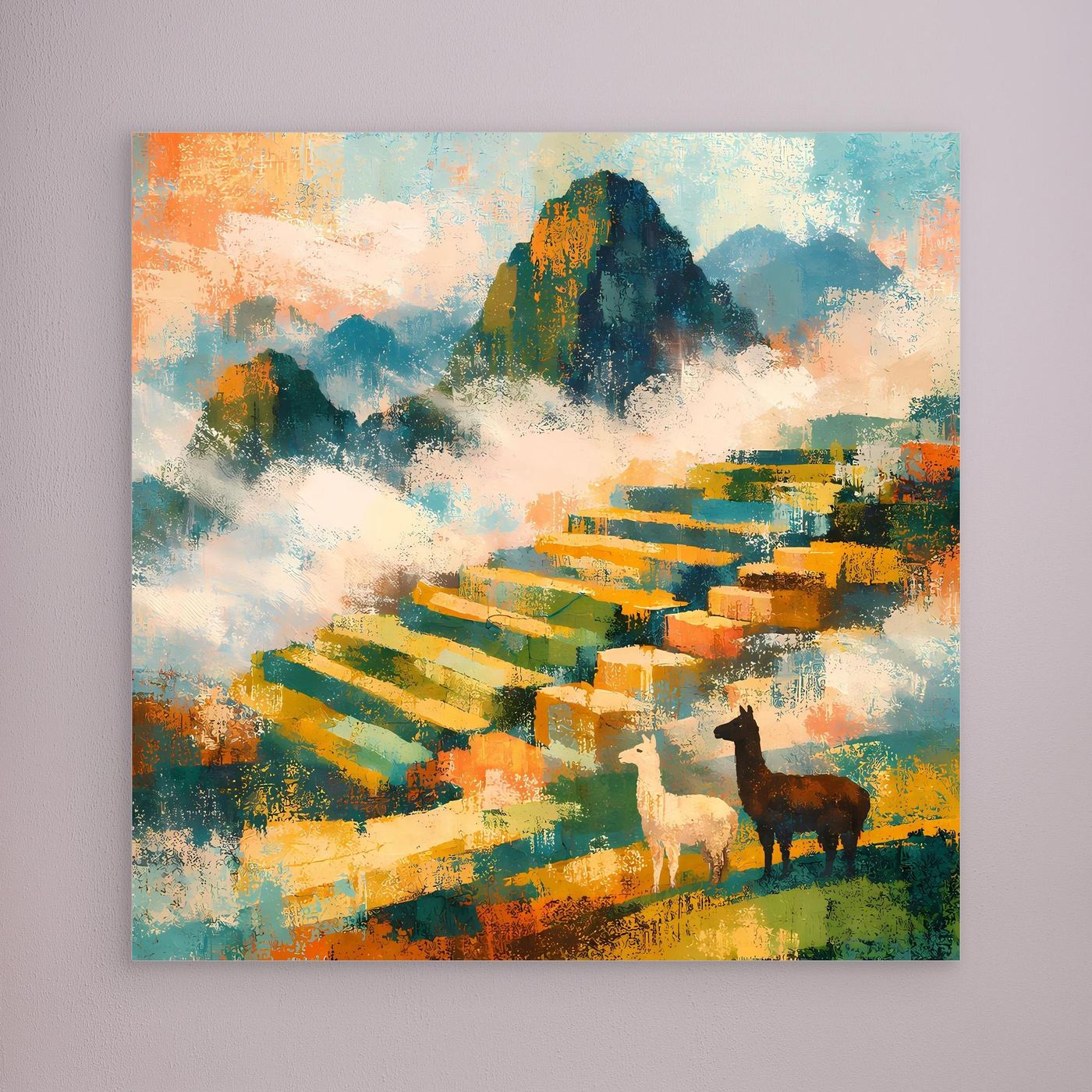 Leinwandbild mit abstrakter Berglandschaft, Terrassen und Alpakas ohne sichtbaren Rahmen