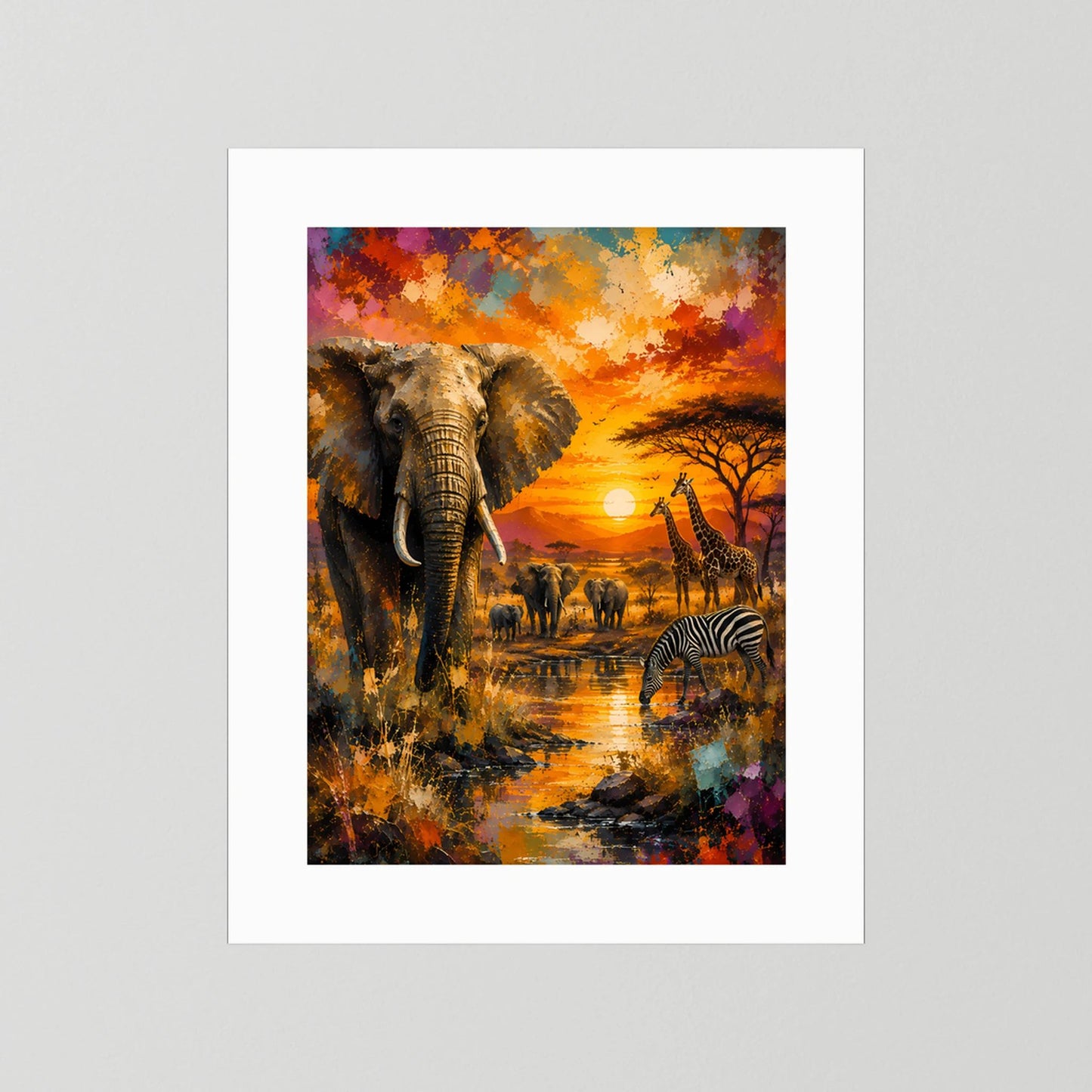 Poster im Hochformat mit weißem Rand: Elefant, Zebras und Sonnenuntergangslandschaft