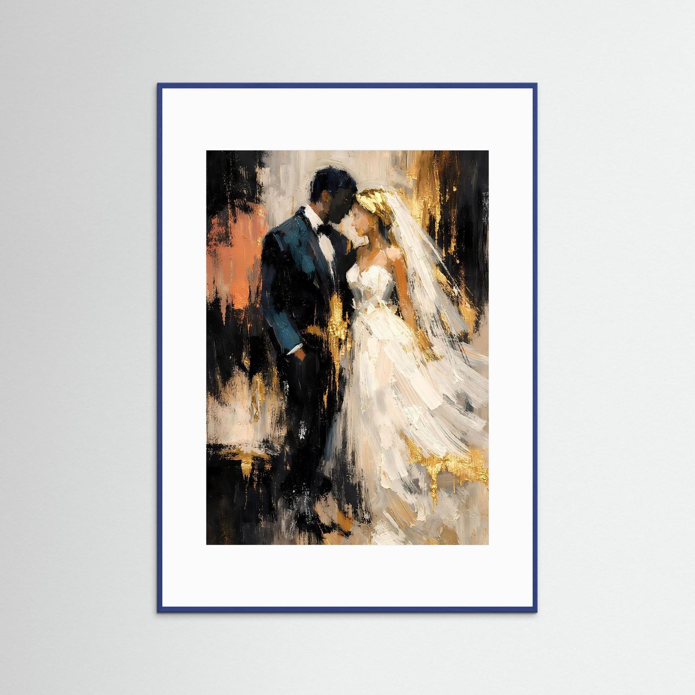 Romantisches Hochzeits-Poster im Hochformat mit Paar-Gemälde, blauer Rahmenleiste